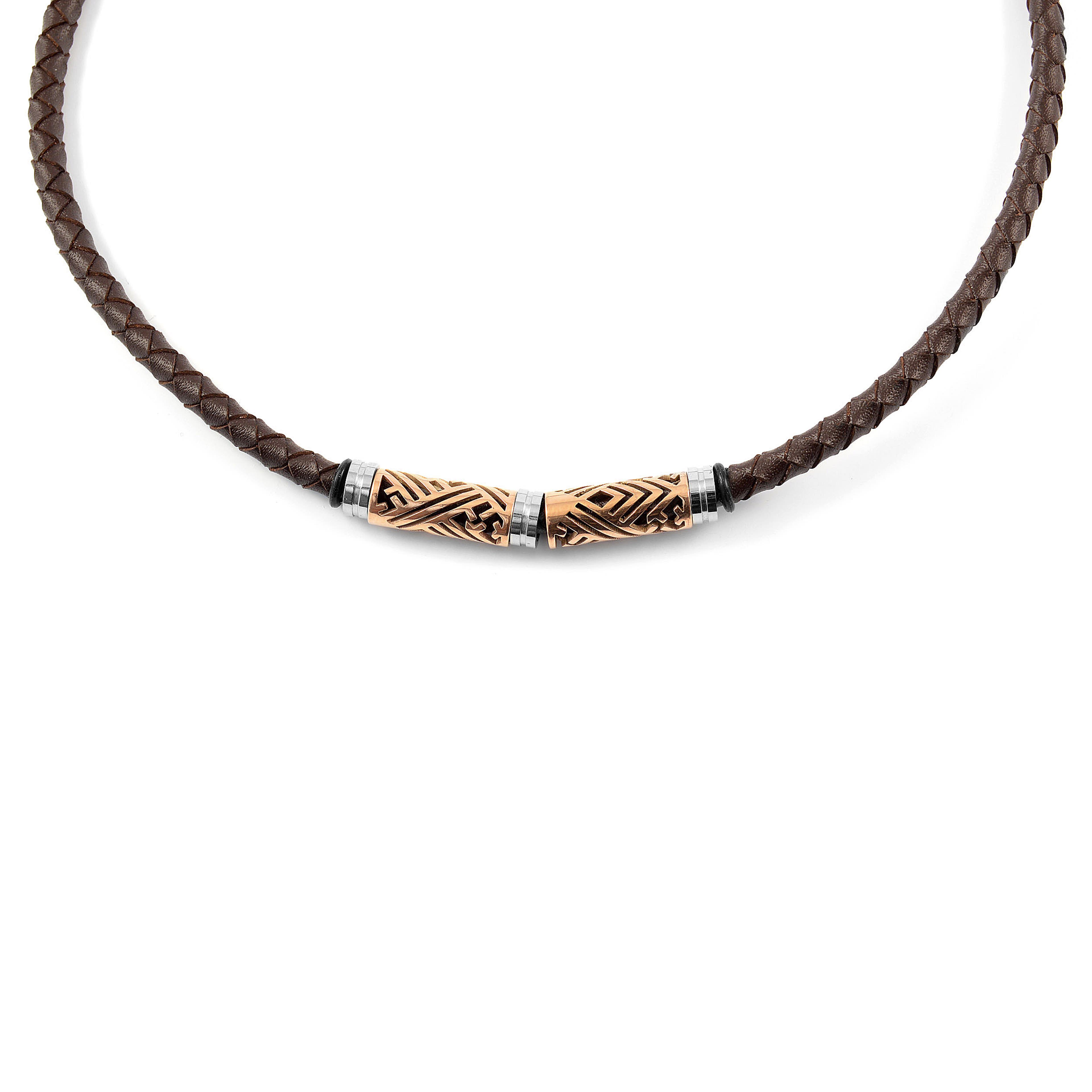 Brown Leather With Rose Gold-Tone Clasps Braided Necklace | In stock! |  Lucleon