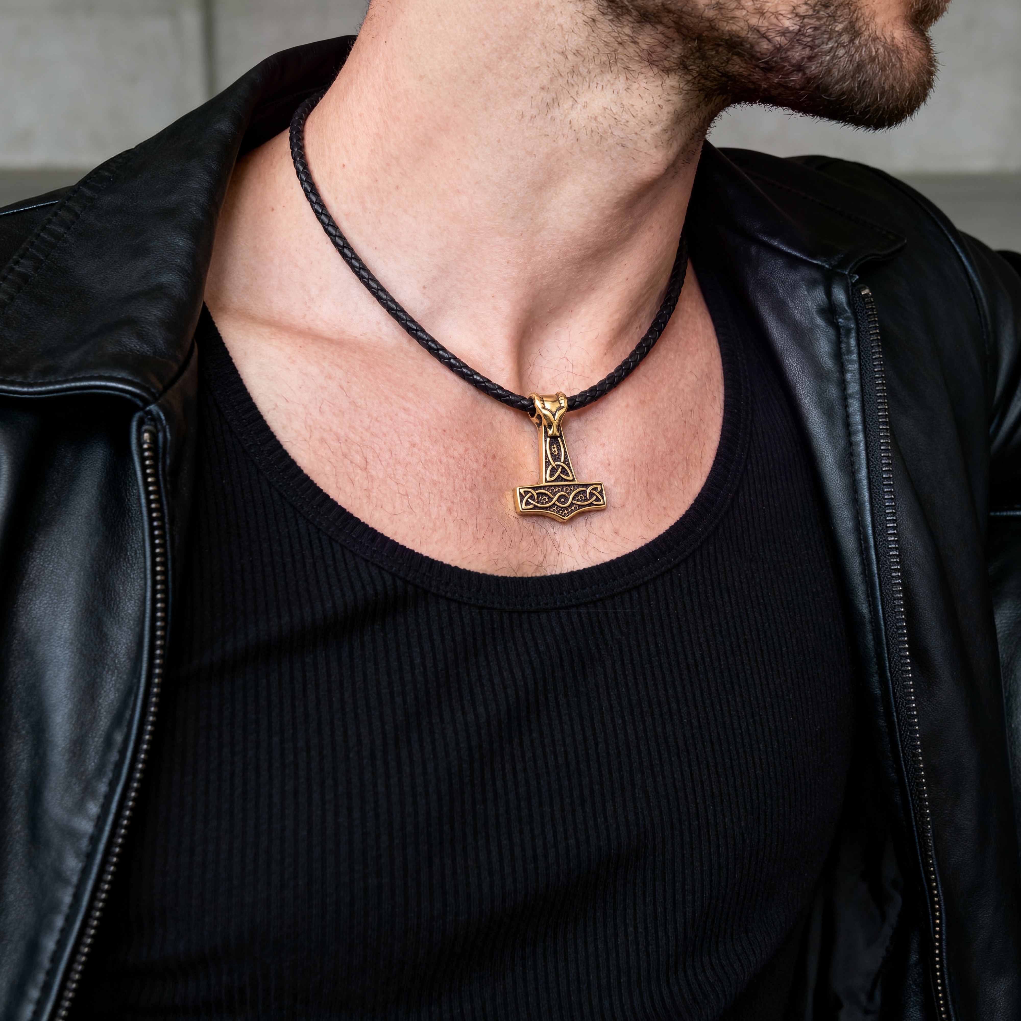 Zwarte Leren Ketting met Ramskop en Thors Hamer - 3