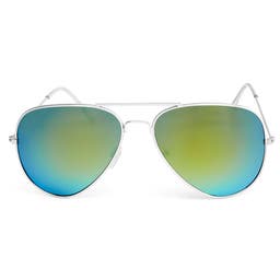 Silver-Tone, Green & Blue Aviator Sunglasses