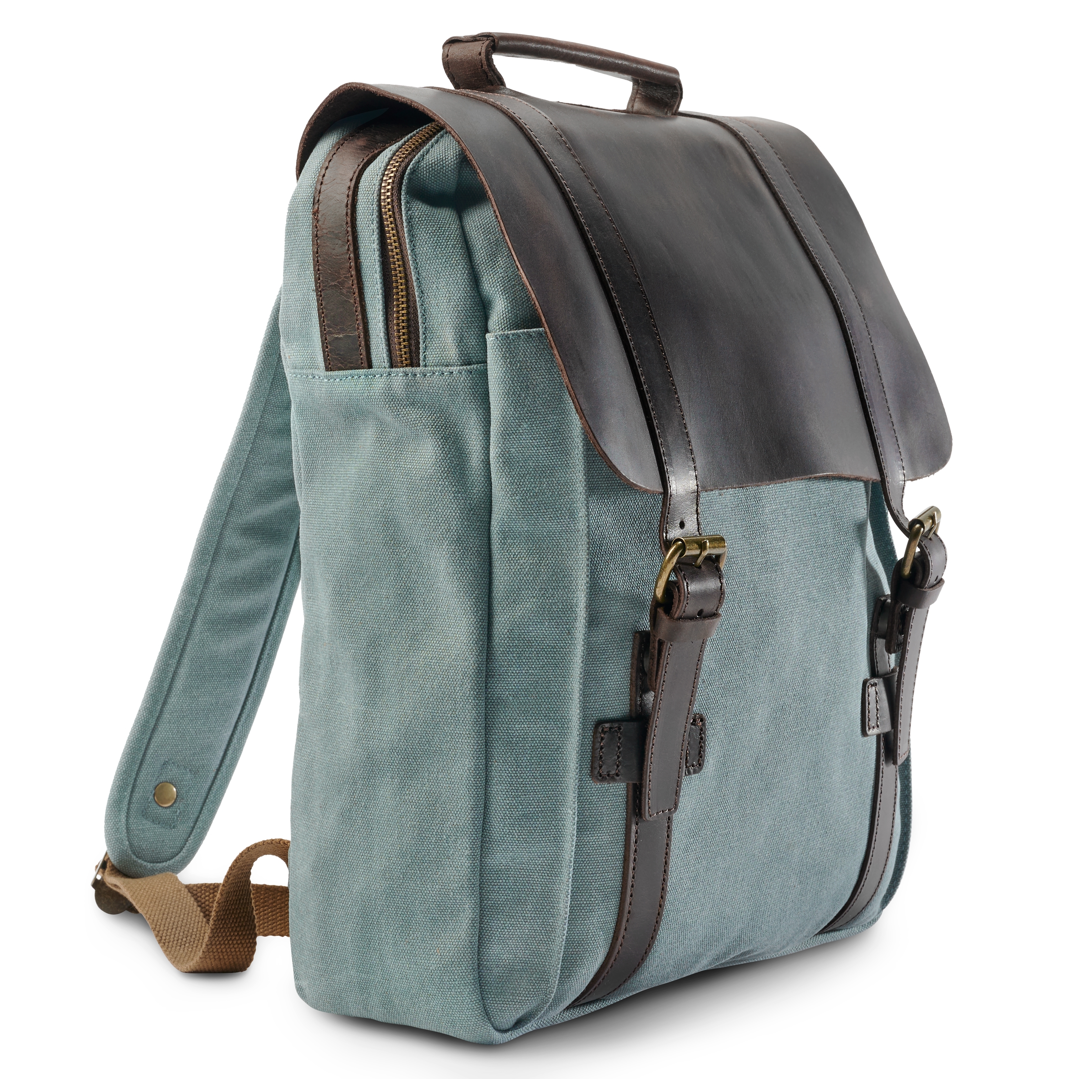 Arkticky modrý batoh z plátna a tmavé kůže ve vintage stylu - 3