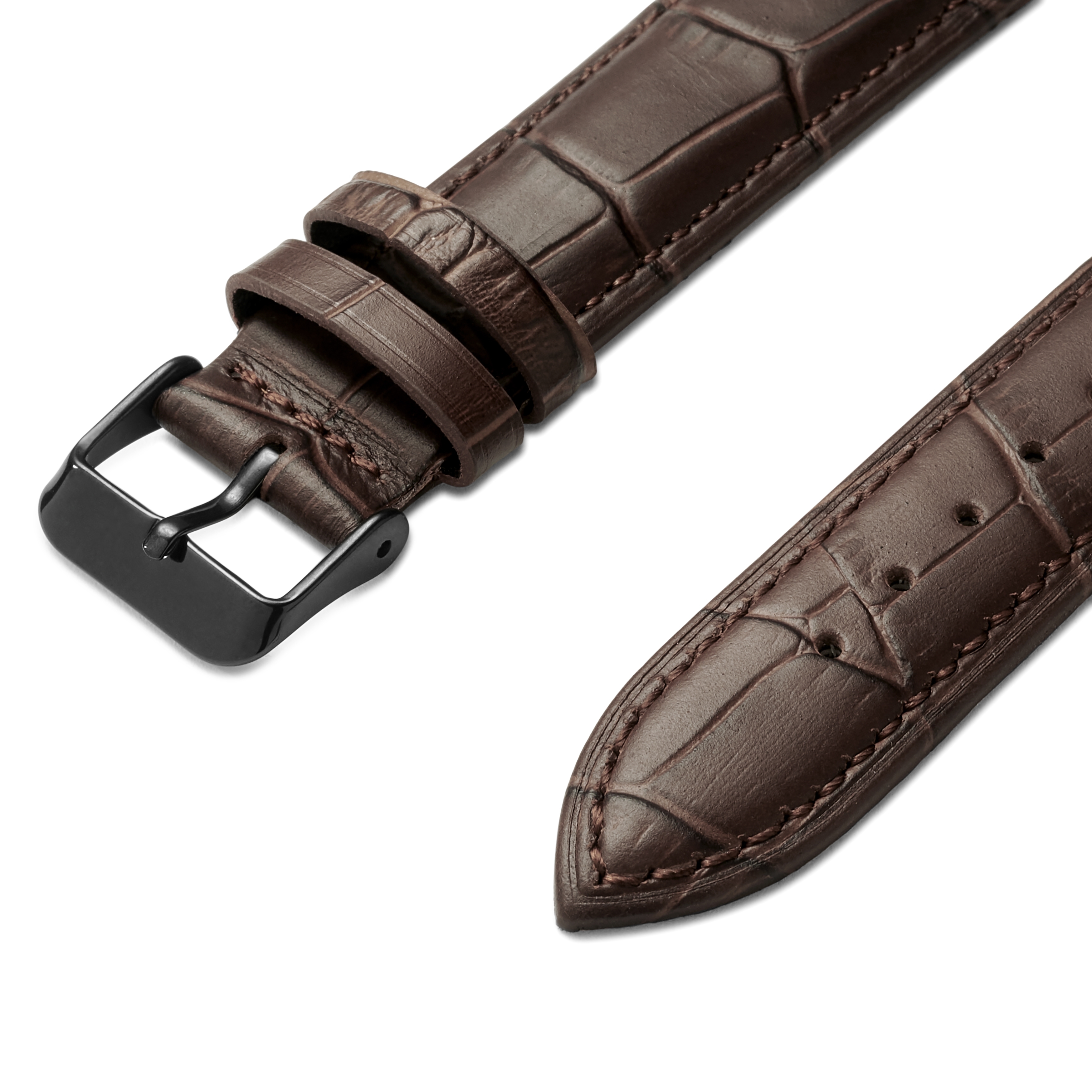 Bracelet de montre en cuir marron foncé gaufré à motif crocodile 21 mm avec boucle noire - Attache rapide - 2