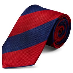Corbata de 8 cm de seda con rayas azul marino y rojas
