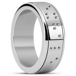 Enthumema | 1/3" (8 mm) Silver-tone Stainless Steel Braille ‘Exhale’ Fidget Ring