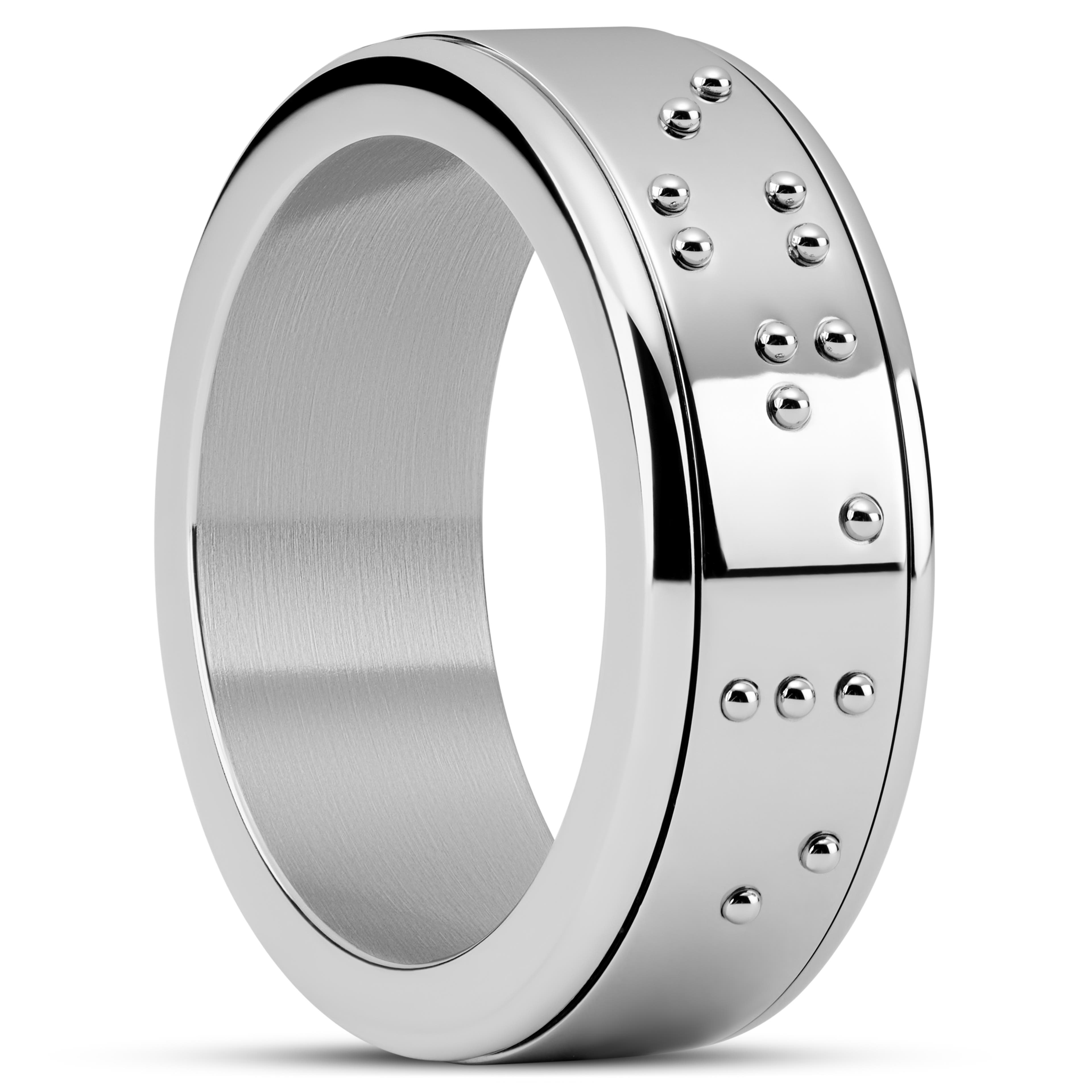Enthumema | Сребрист стоманен пръстен с подвижна част и брайлова азбука 8 мм