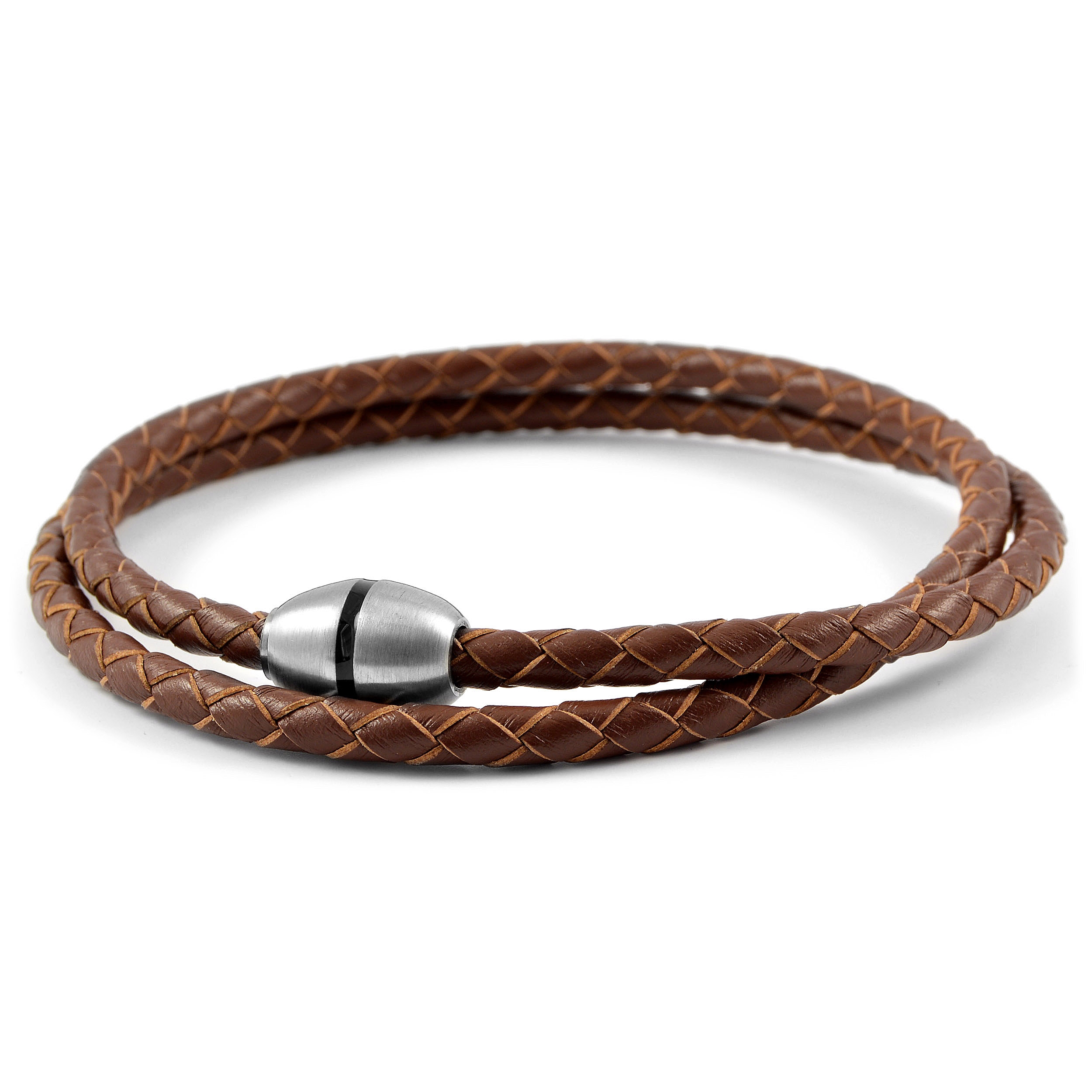 Brown Braided Leather & Stainless Steel Wrap Bracelet - 2