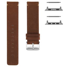 Kullanruskea nahkainen kellonhihna ja hopeanväriset Apple Watch -adapterit (38/40 mm)