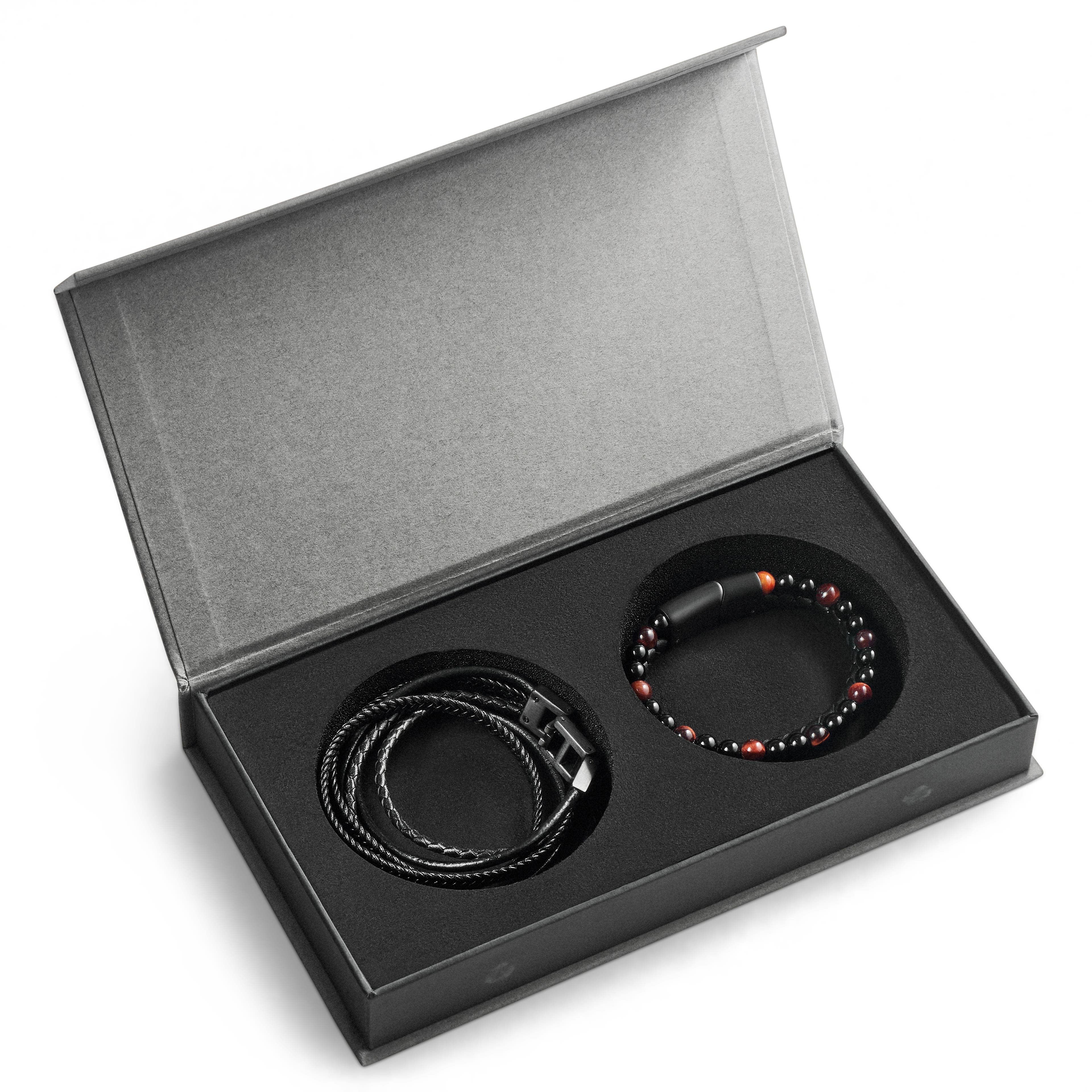 Red Tiger's Eye & Black Leather Bracelet Gift Box Red Tiger's Eye & Black Leather Bracelet Gift Box