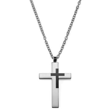 Collier à large pendentif en acier en forme de croix noir et argent