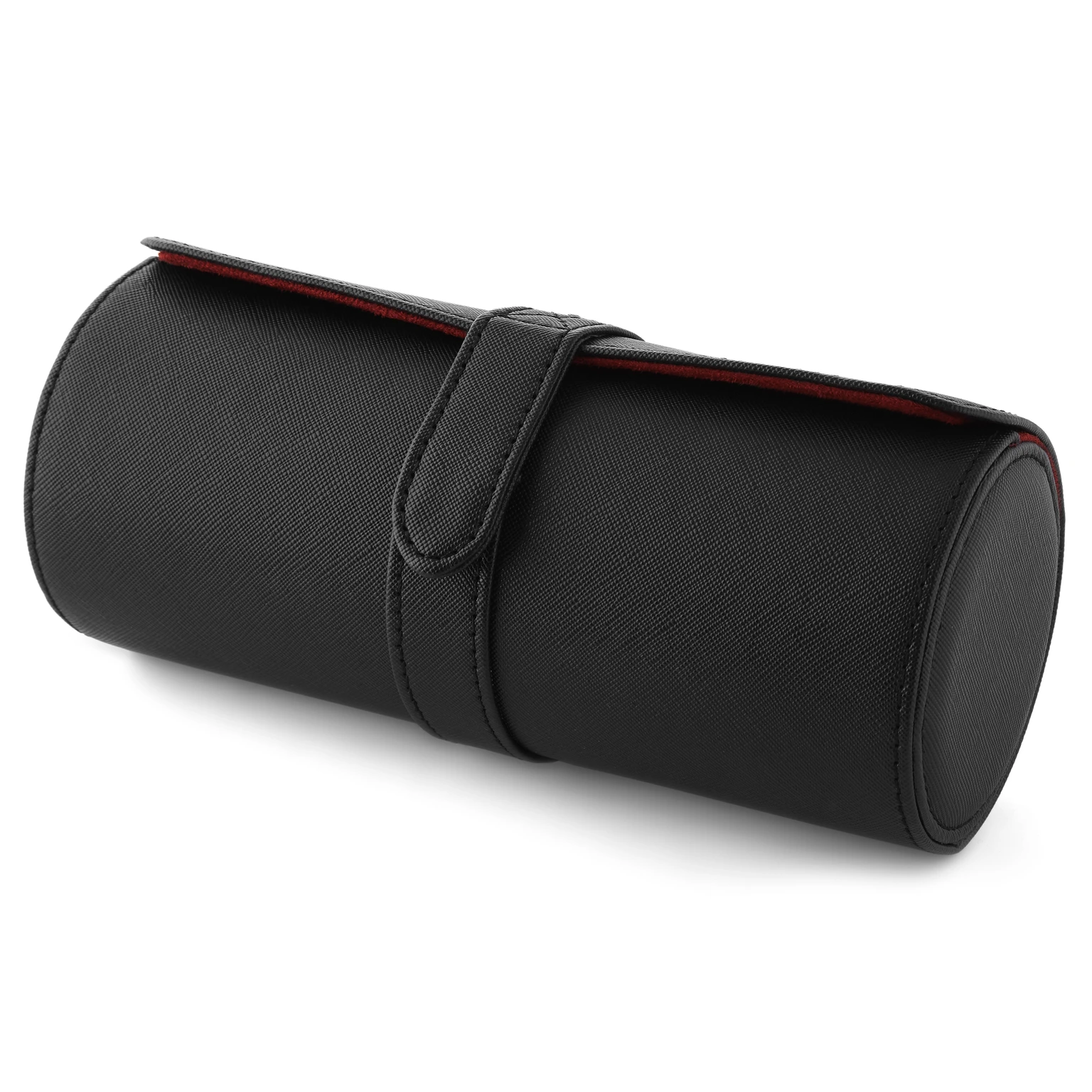 Estuche de viaje con cuero negro sintético y terciopelo rojo - 3 relojes Estuche de viaje con cuero negro sintético y terciopelo rojo - 3 relojes