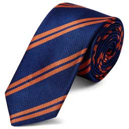 Corbata de 6 cm de seda azul marino con rayas dobles naranjas