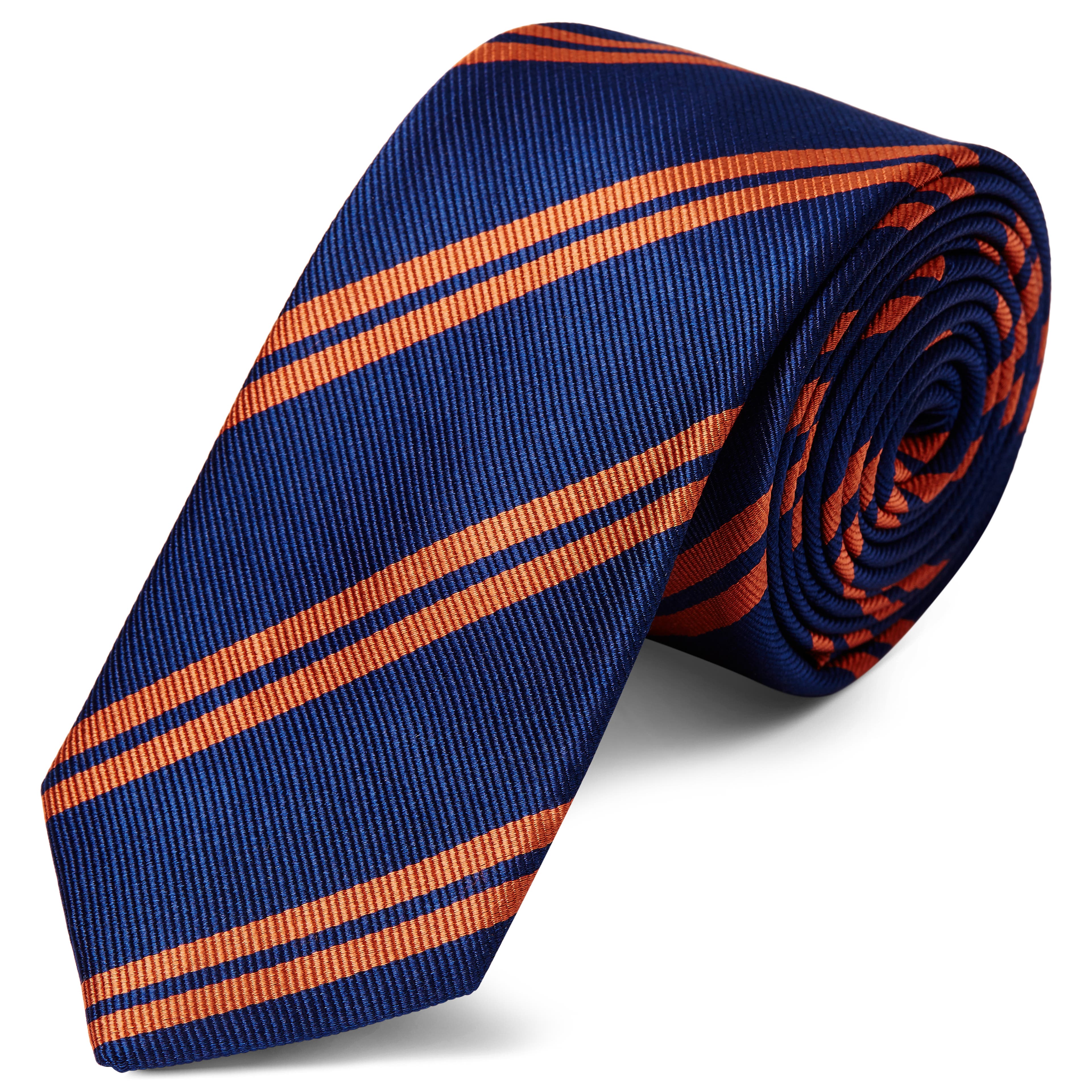 Cravatta blu in seta da 6 cm con motivo a righe arancio