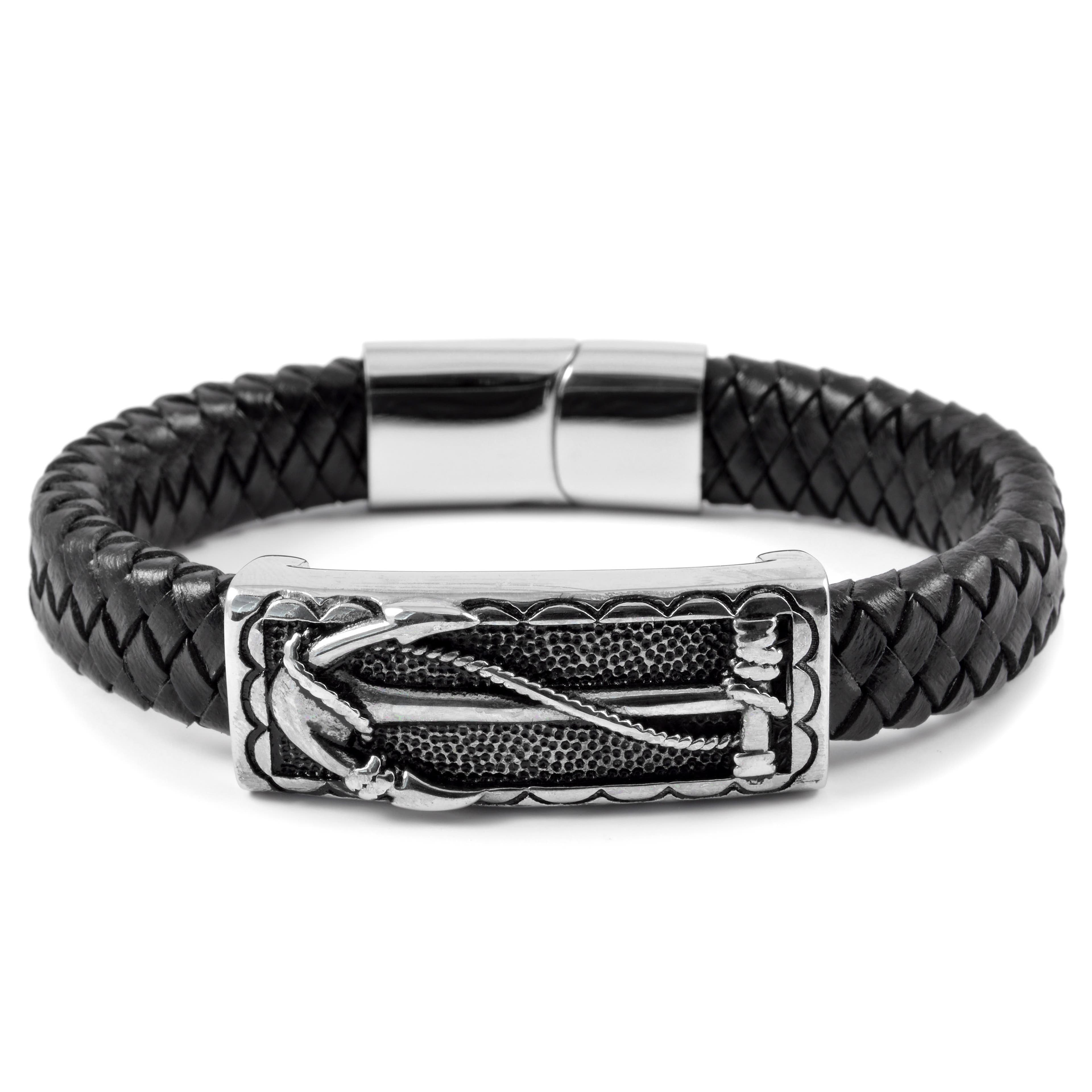 Black Braided Leather & Stainless Steel Anchor Bracelet