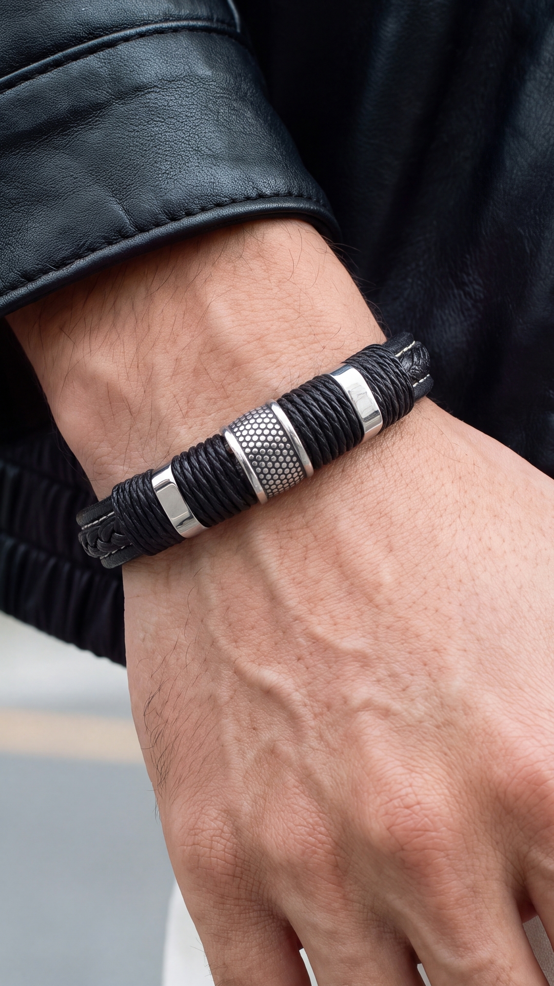 Icon | Black Leather & Silver-Tone Stainless Steel Bracelet | In