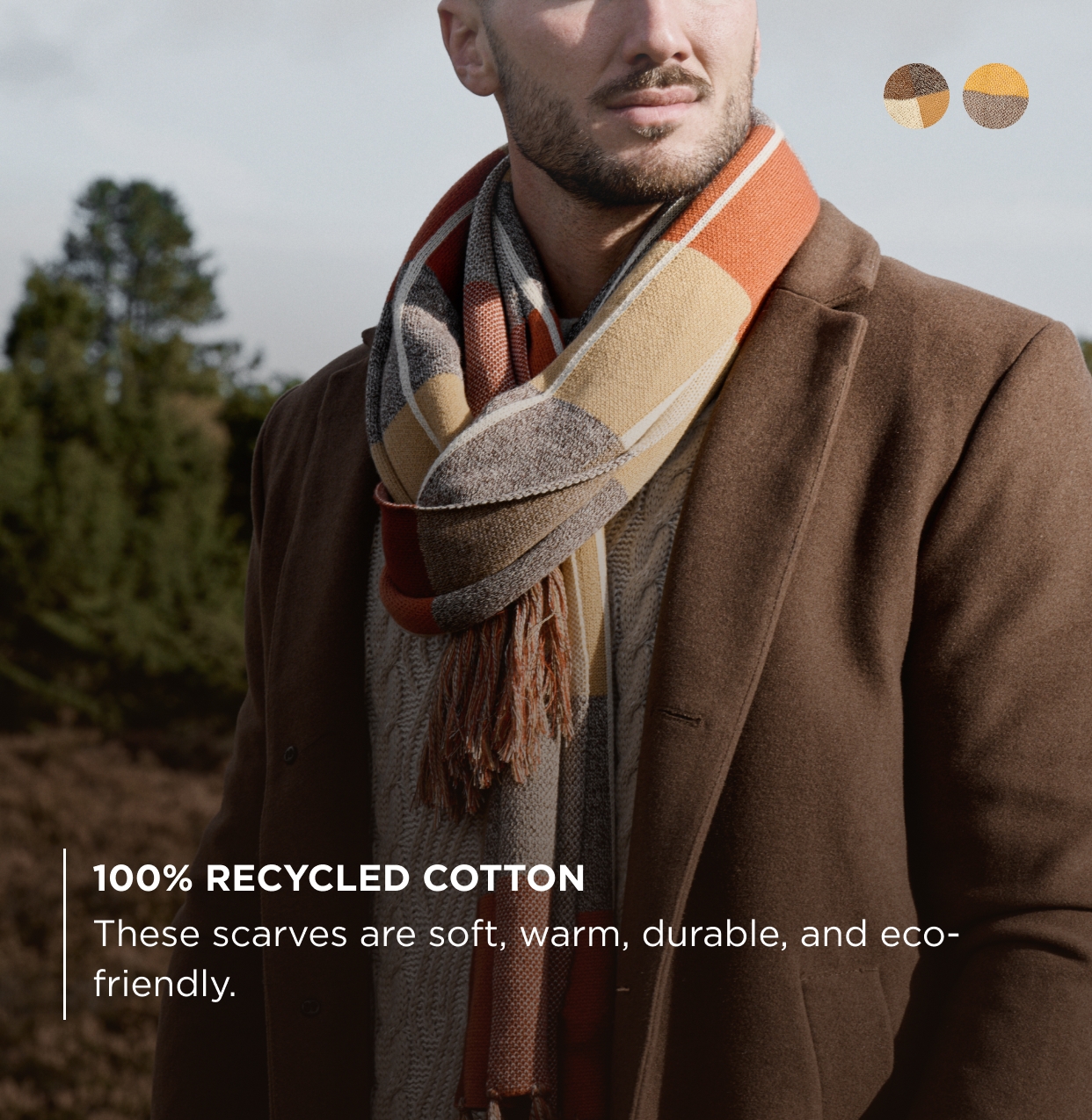 Hiems, Brown and Yellow Plaid Recycled Cotton Scarf, In stock!