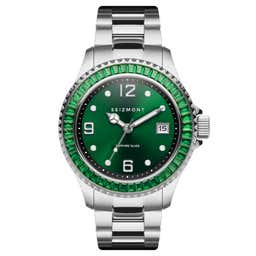 Tide  | Silver-Tone Stainless Steel Watch With Bold Green Dial & Green Jewelled Bezel