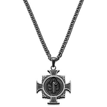 Sanctus | Vintage Silver-Tone Stainless Steel St. Benedict Cross Wheat Chain Necklace
