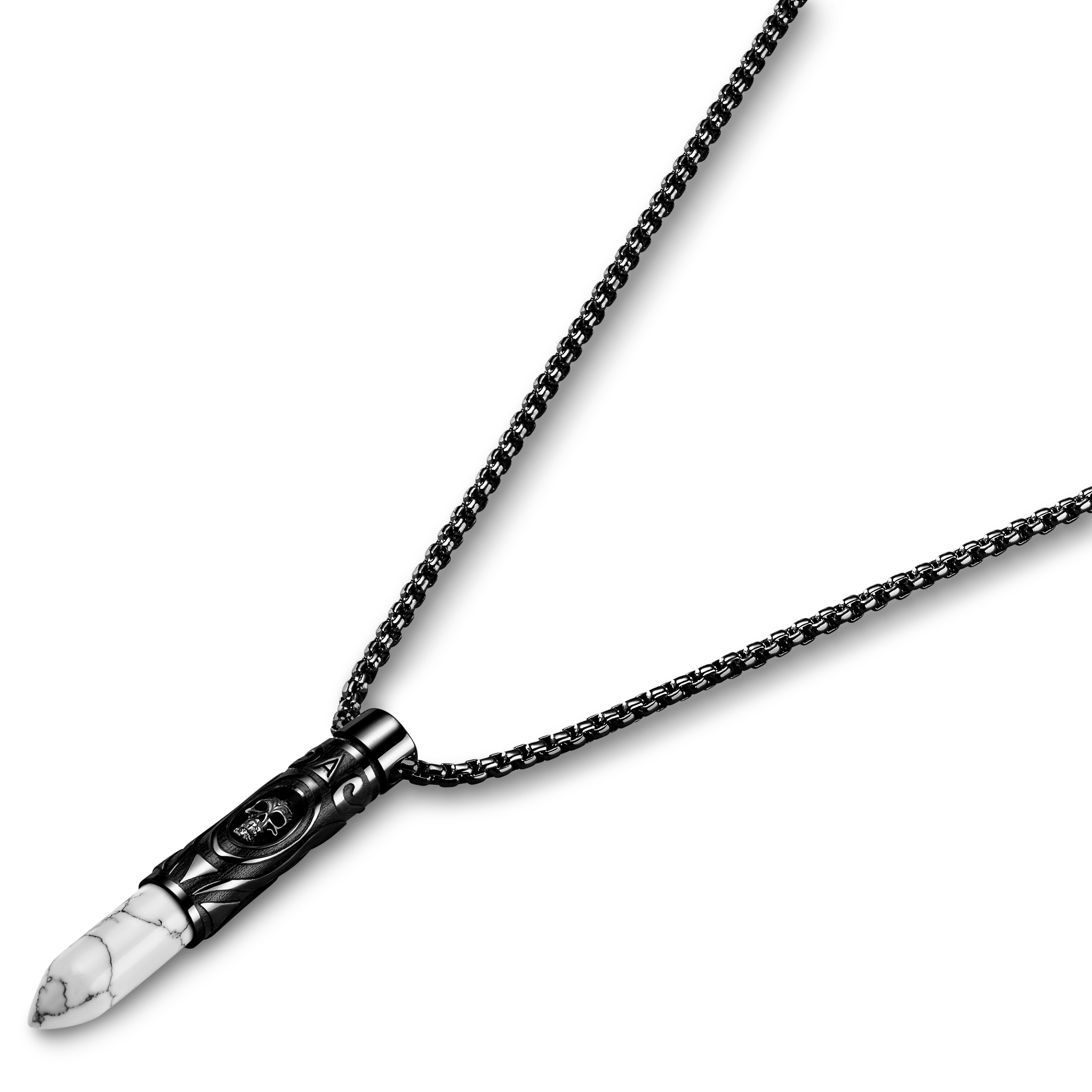 Rico |  Collier avec pendentif balle en acier inoxydable noir et pierre howlite blanche - 3