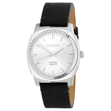 Major | Silver-Tone Minimalist Watch With Silver-Tone Dial & Black Leather Strap