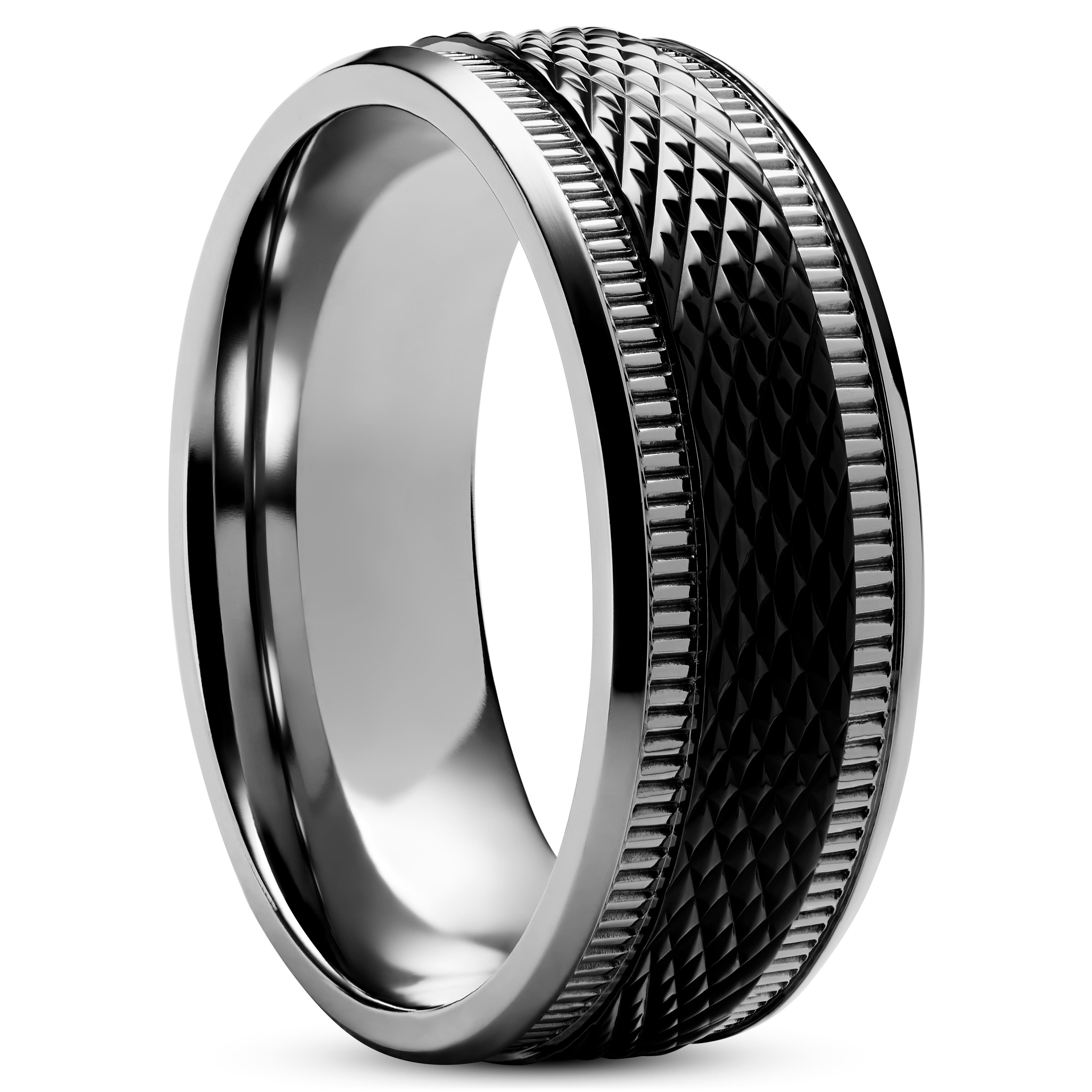 Aesop | 8 mm Titanium With Black Cross Hatch Pattern Ring