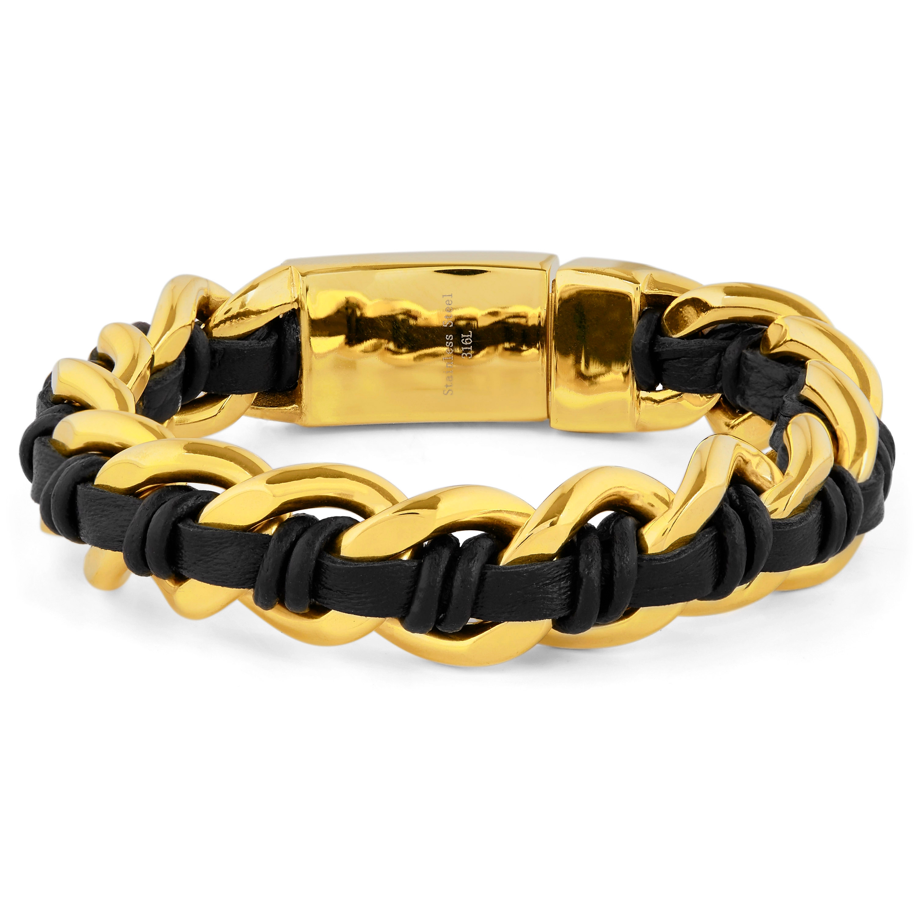 Robuuste Goudkleurige Stalen & Zwarte Leren Armband - 1