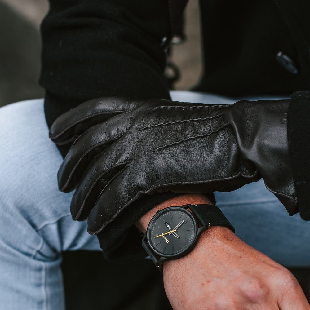 hover: Cuffed Black Perforated Touchscreen Compatible Sheep leather Gloves hover: Cuffed Black Perforated Touchscreen Compatible Sheep leather Gloves