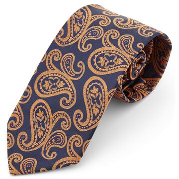 Cravată lată din poliester cu model Paisley bleumarin și portocaliu