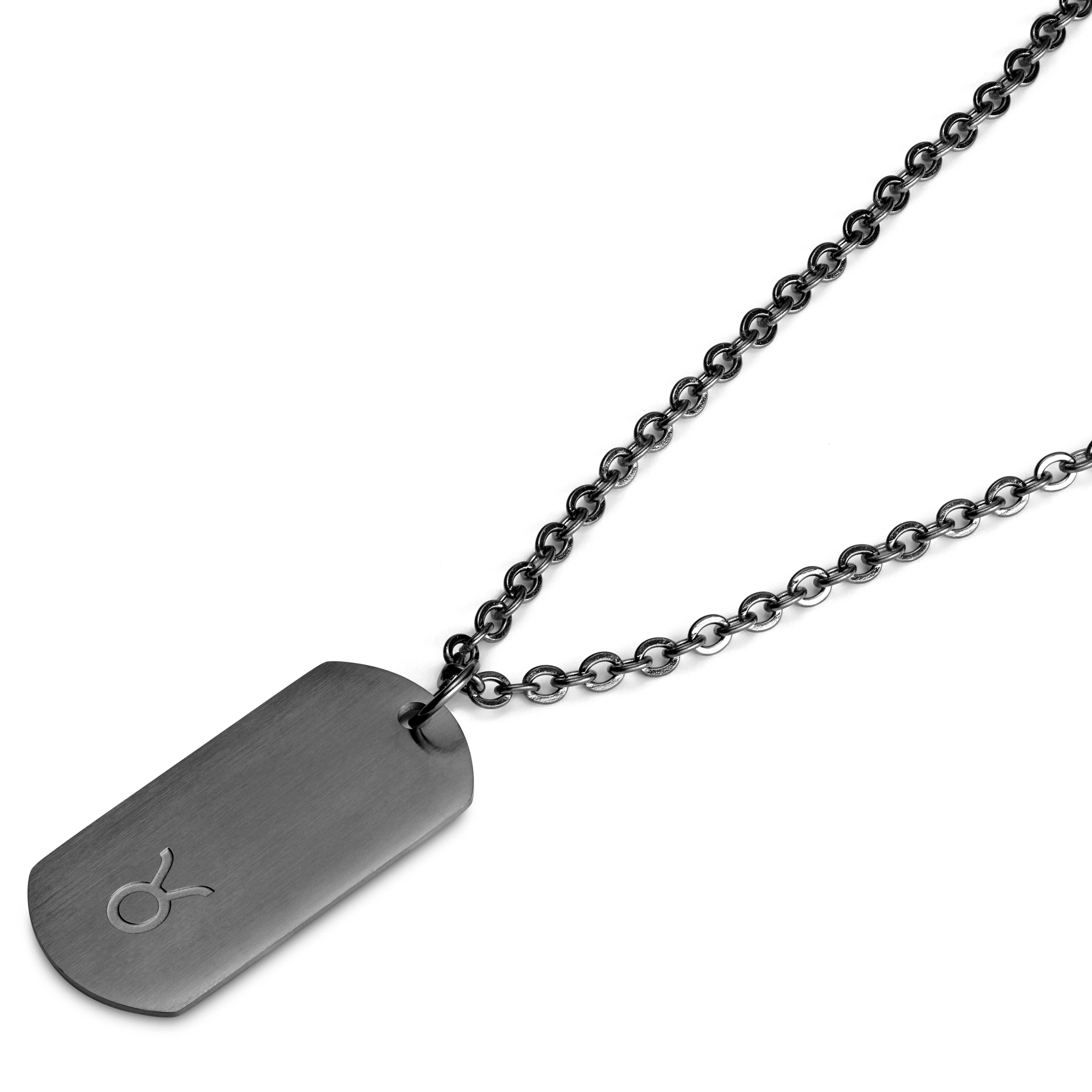 Zodiac | Gunmetal Stainless Steel Taurus Star Sign Dog Tag Cable Chain Necklace - 5
