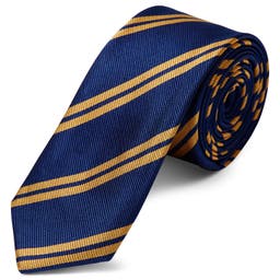 Тъмносиня копринена вратовръзка с двойни златисти ивици 6 см