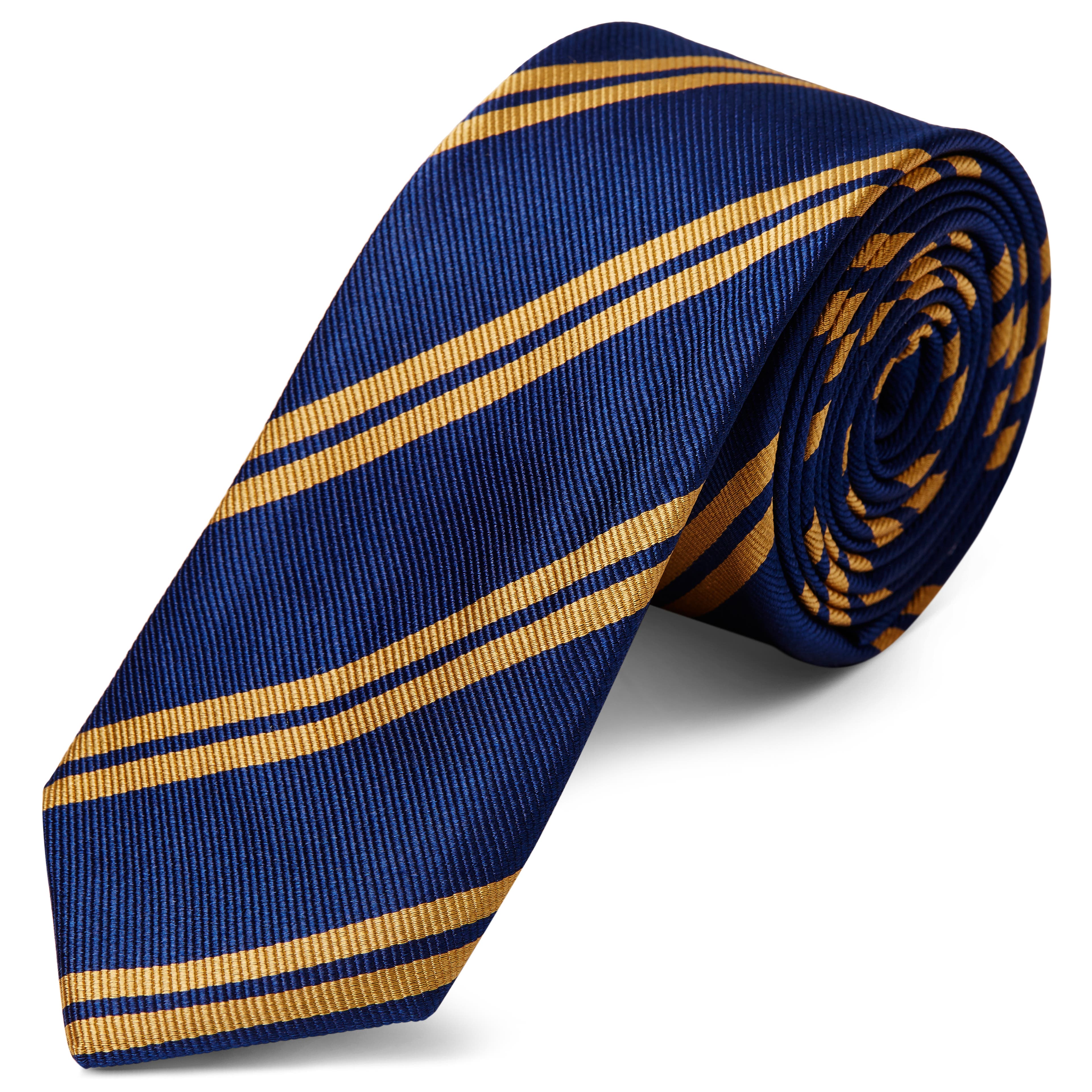 Navy hedvábná kravata s dvojitým zlatým proužkem 6 cm
