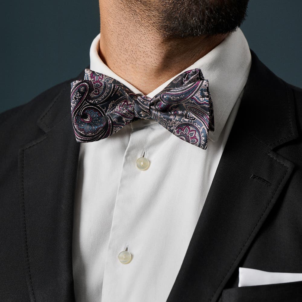 hover: Dark Blue & Dark Green PAISLEY Pattern Silk Self-Tie Bow tie hover: Dark Blue & Dark Green PAISLEY Pattern Silk Self-Tie Bow tie