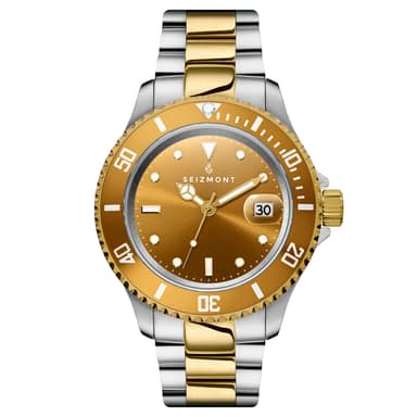 Tide II | Zilver- en goudkleurig roestvrijstalen duikhorloge met kwartsuurwerk, champagnekleurige wijzerplaat en cycloopglas Tide II | Zilver- en goudkleurig roestvrijstalen duikhorloge met kwartsuurwerk, champagnekleurige wijzerplaat en cycloopglas