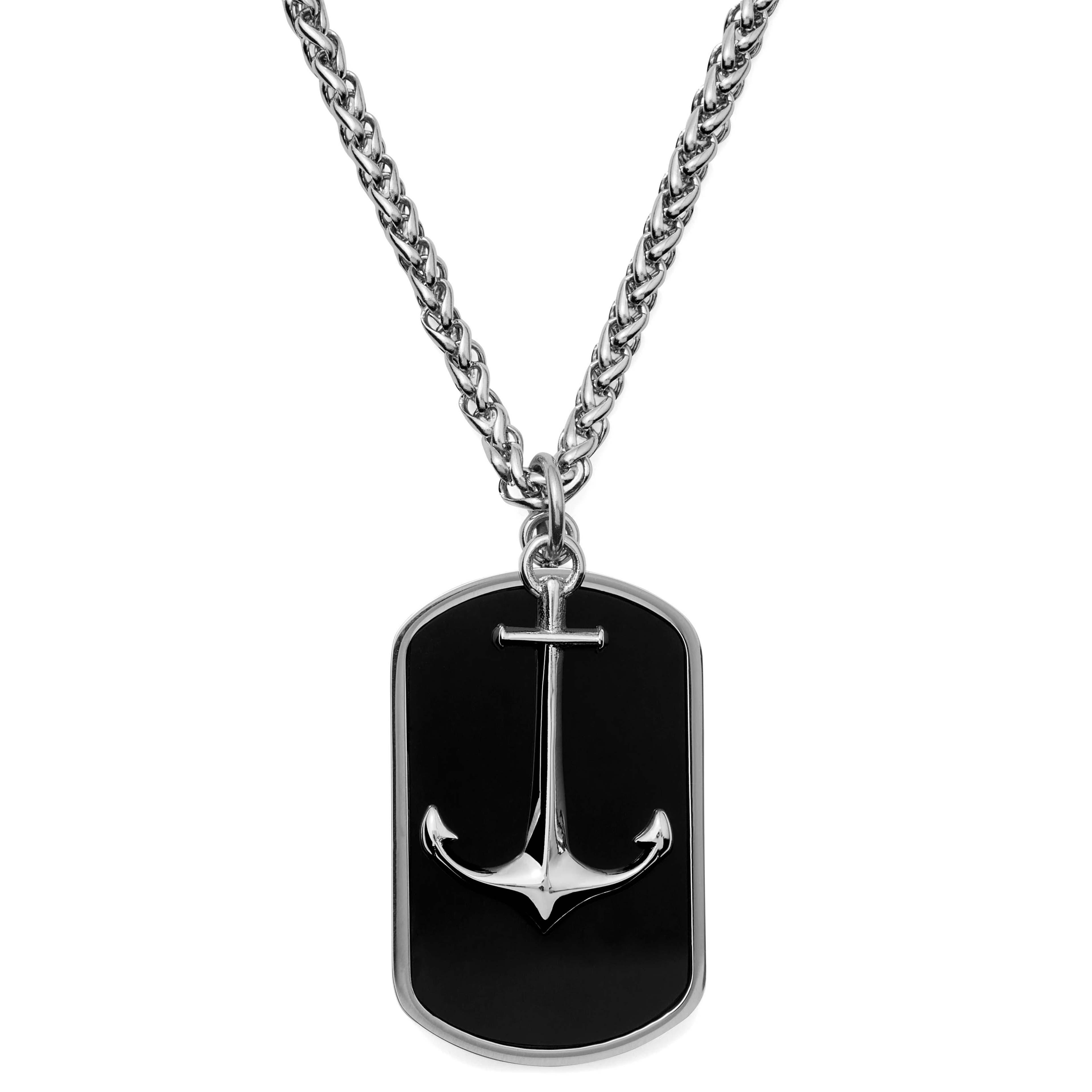 Silver-Tone Stainless Steel Anchor & Black Onyx Dog Tag Wheat Chain Necklace