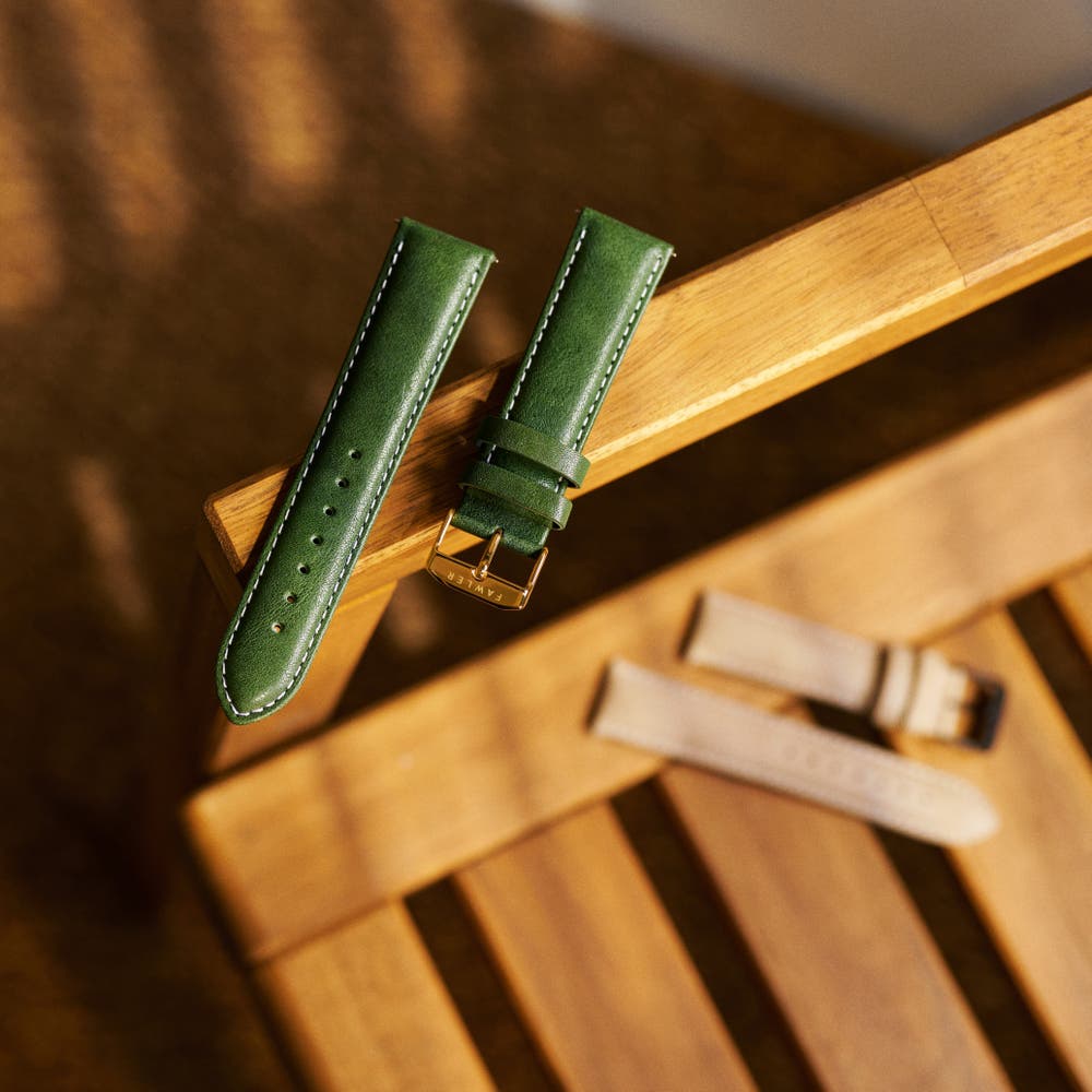 hover: 7/8" (22 mm) Green & Gold-Tone Leather Watch Strap With White Stitching hover: 7/8" (22 mm) Green & Gold-Tone Leather Watch Strap With White Stitching