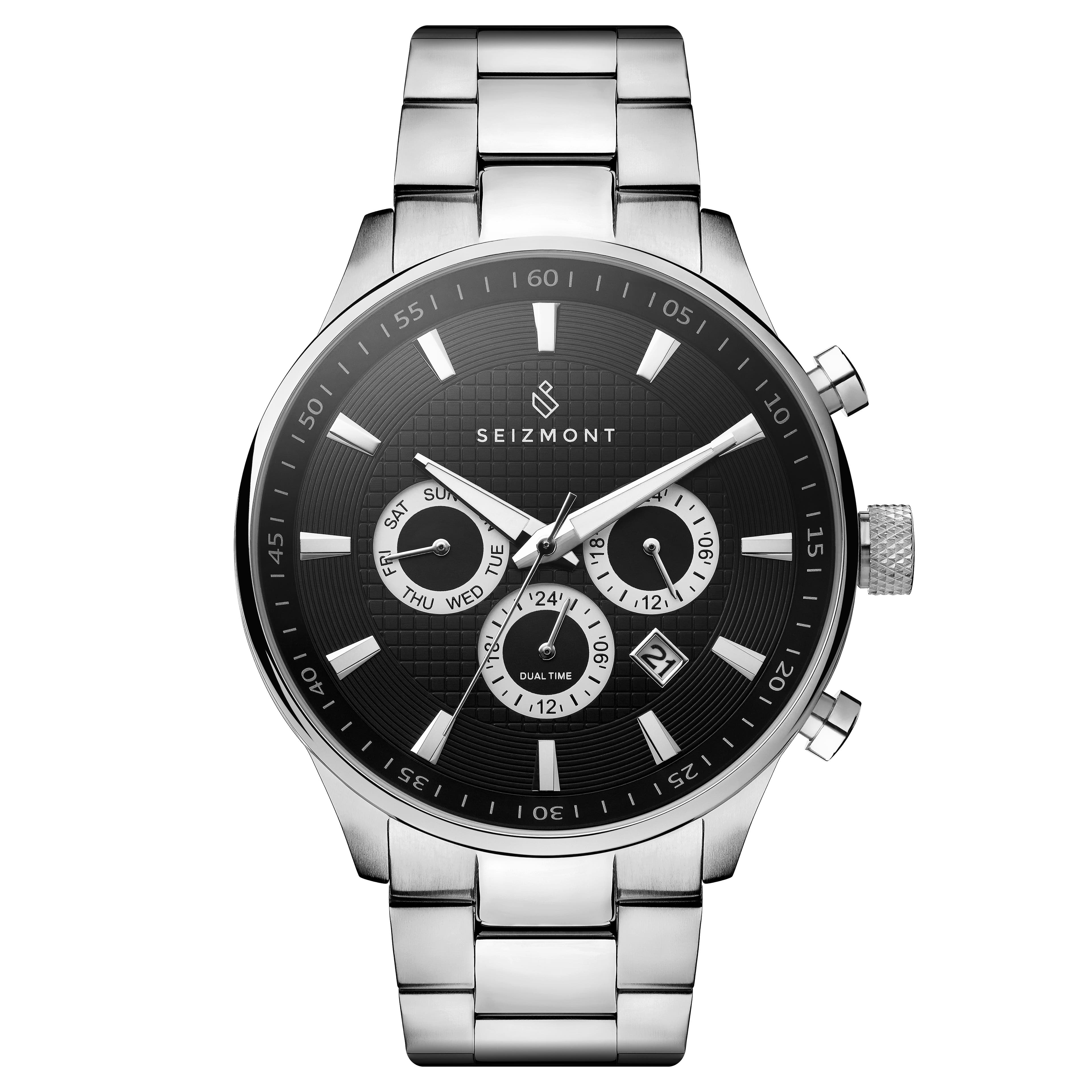 Troika II | Silver-Tone Stainless Steel Dual-Time Watch With Black Dial