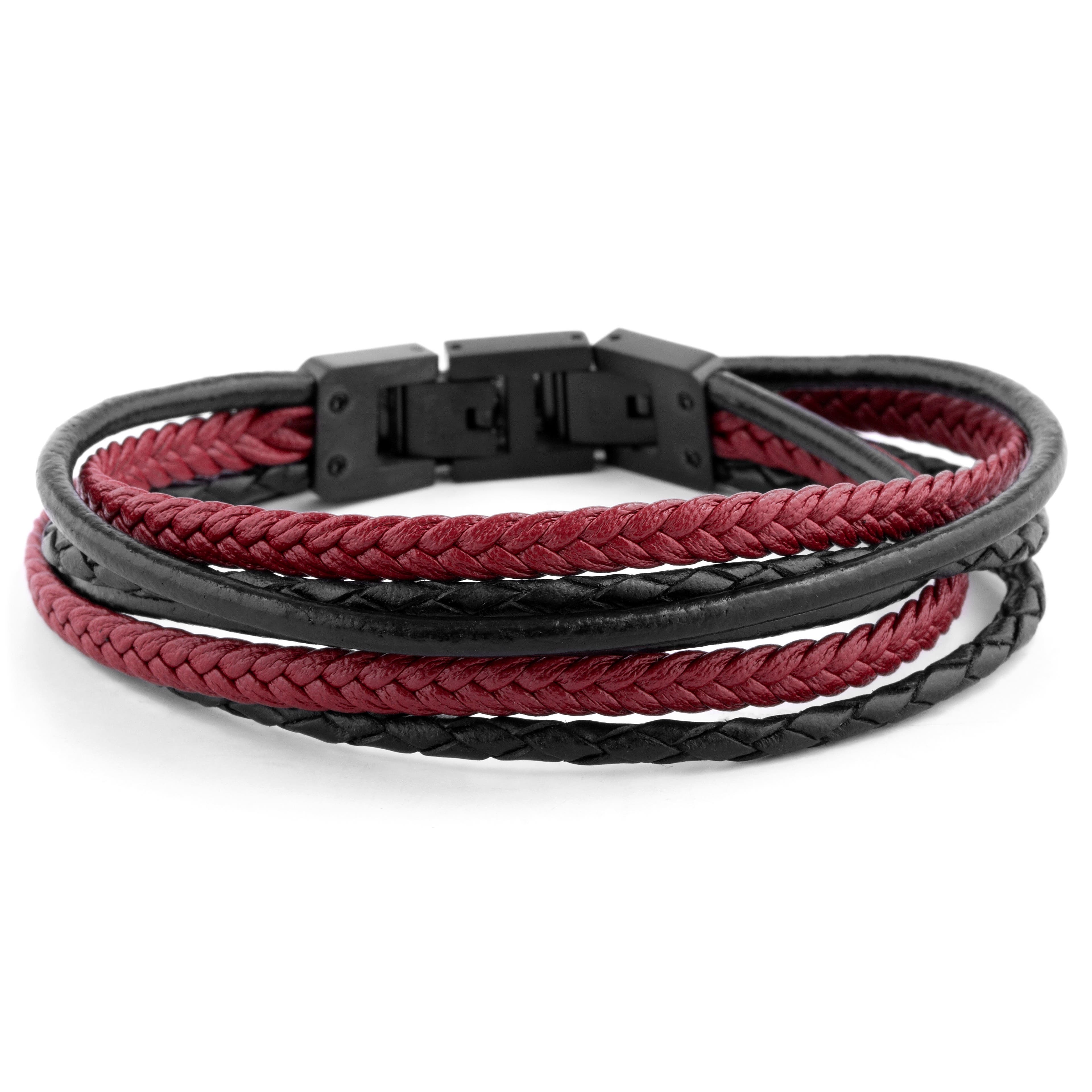 Roy | Black & Red Leather & Stainless Steel Wrap Bracelet