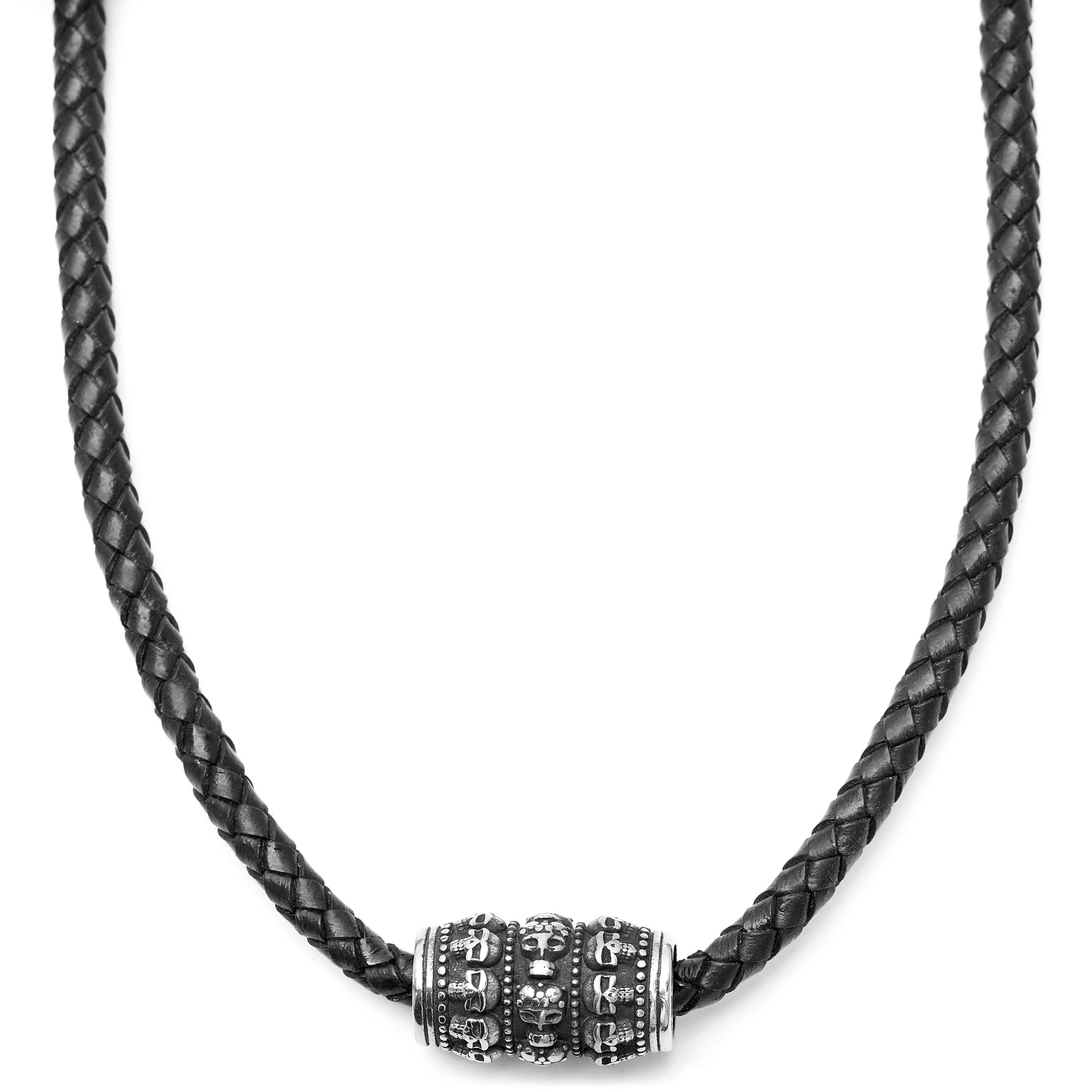 Skull Motif Black Leather Necklace