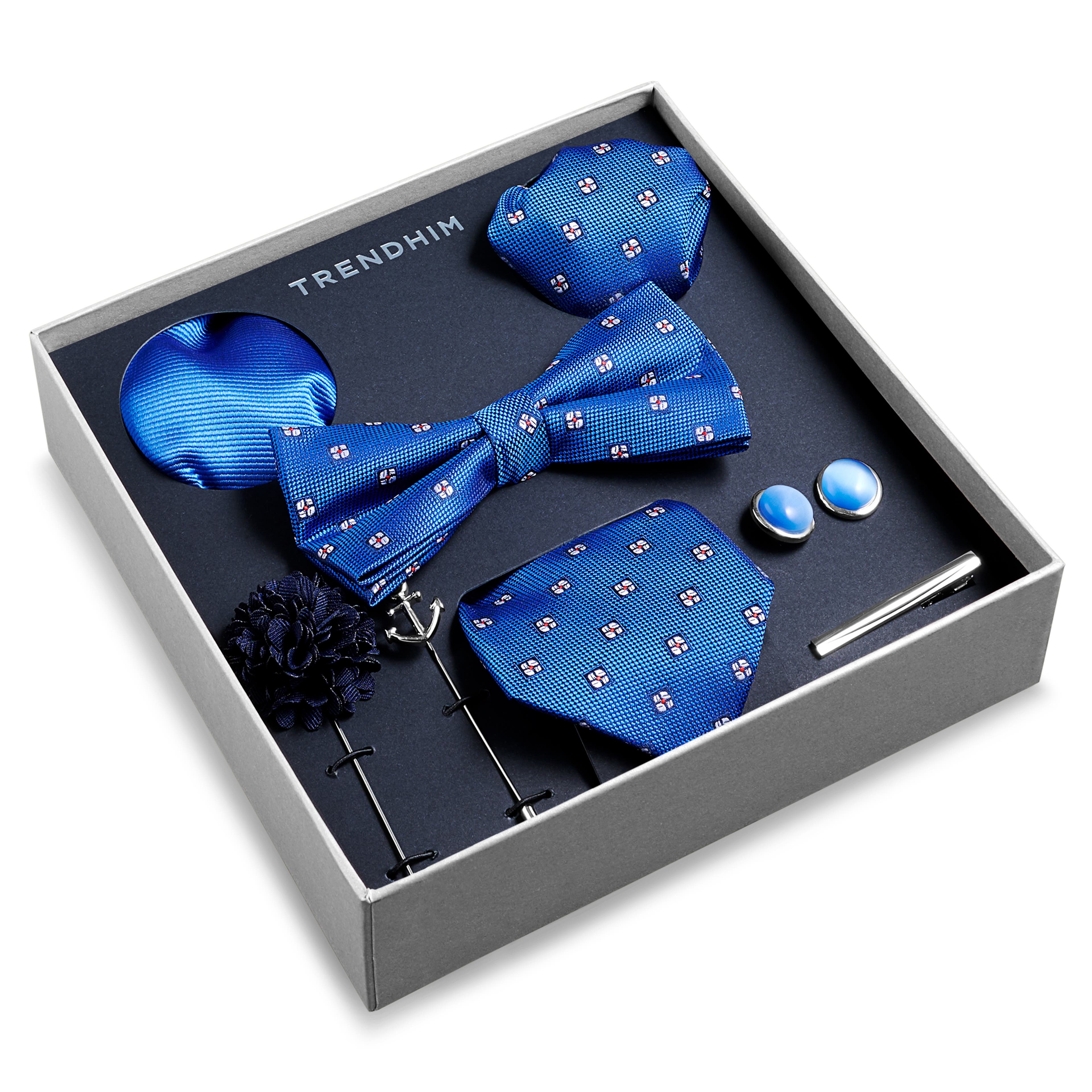 Подаръчна кутия с аксесоари за костюм | Комплект в синьо, бяло и сребристо