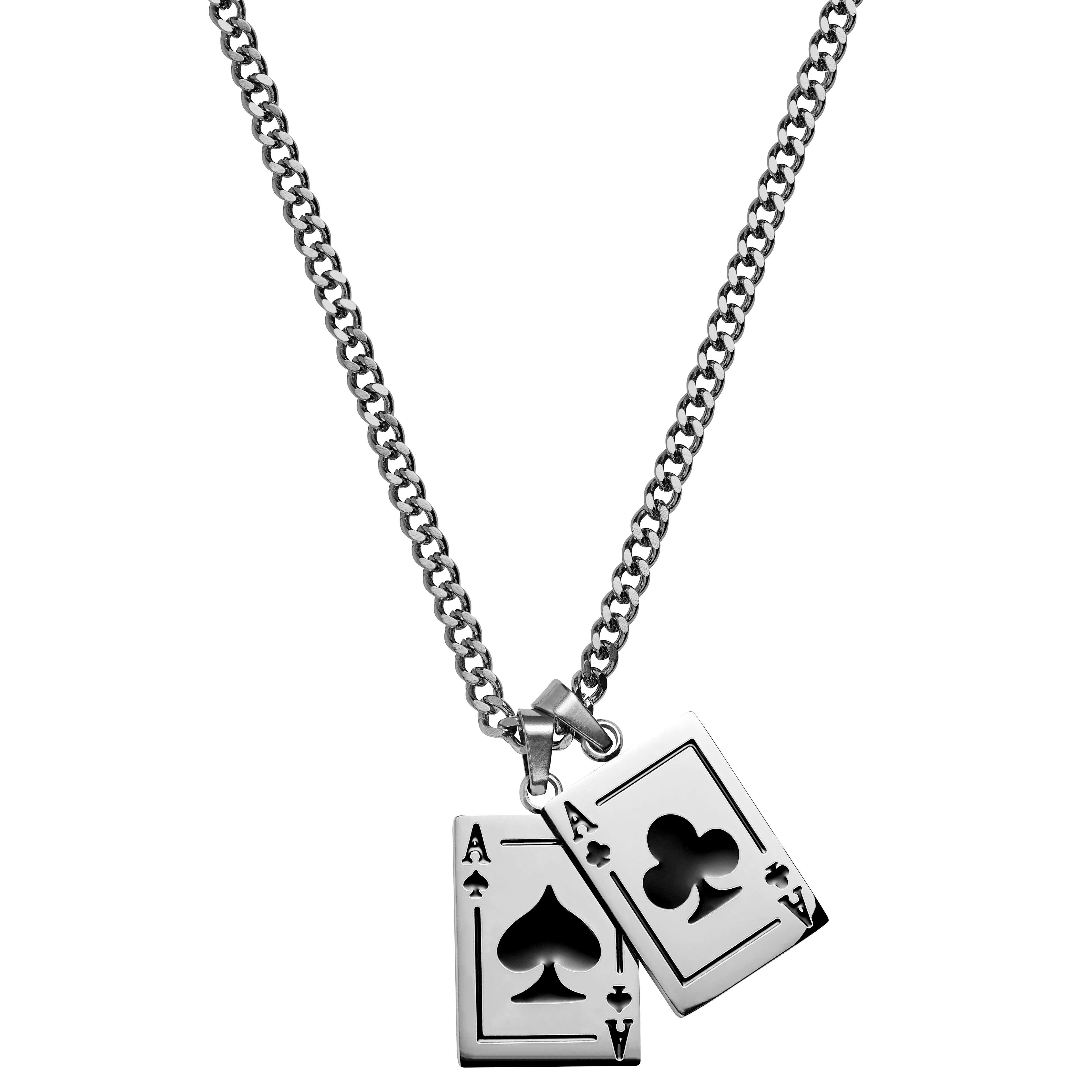 Ace | Silberfarbene Halskette mit zwei Anhängern in Schwarz mit zwei Assen