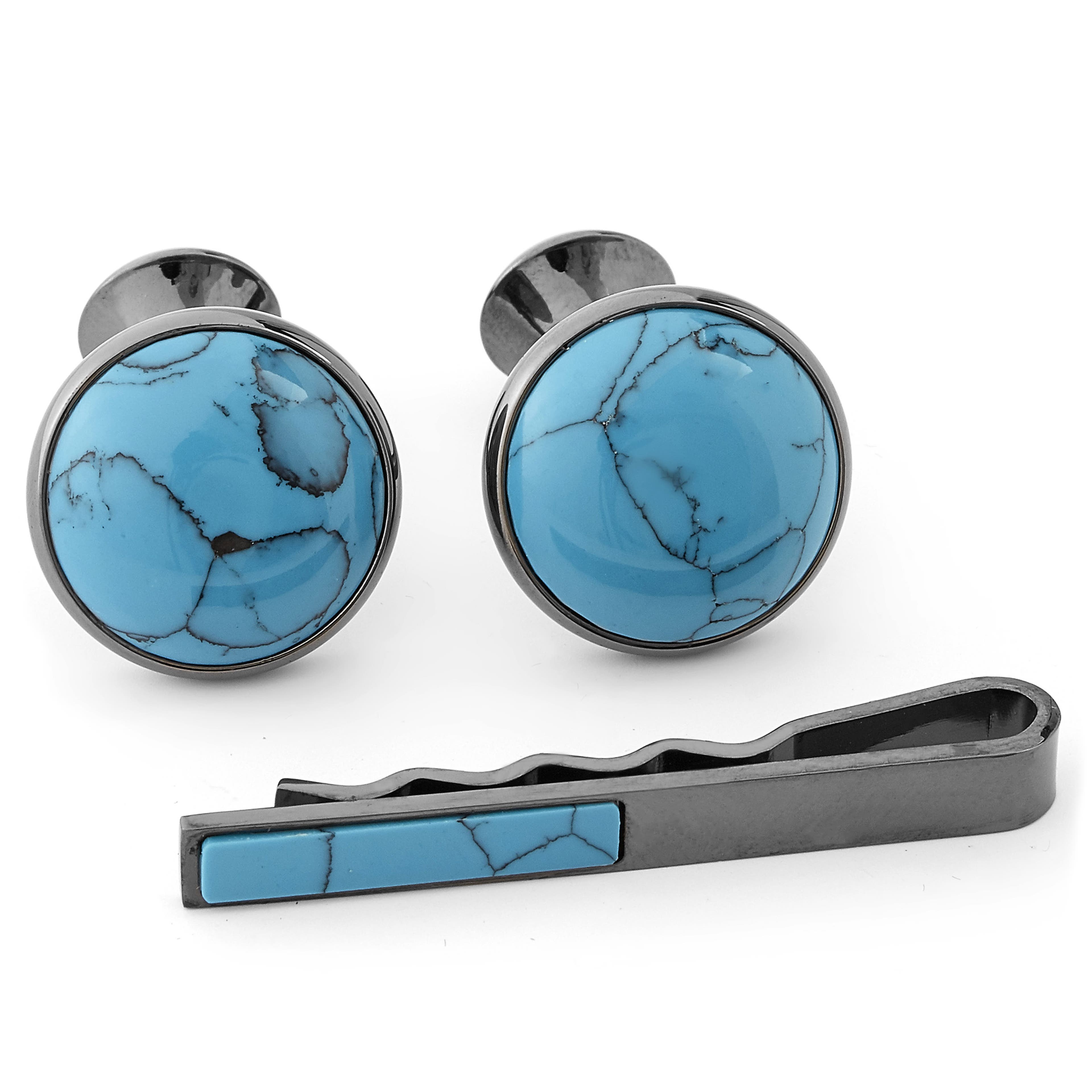 Gray & Turquoise Gemstone Cufflinks & Tie Clip Set