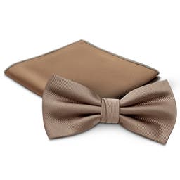 Tan Pre-Tied Bow Tie and Pocket Square Set
