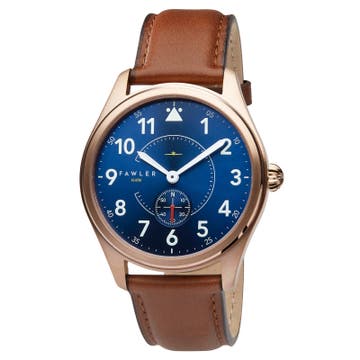 Aviator | Rose Gold-Tone Aviator Watch With Navy Blue Dial, White Numbers & Terracotta Leather Strap