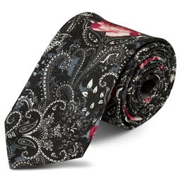 Boho | Black & White Paisley with Pink Roses Silk Tie