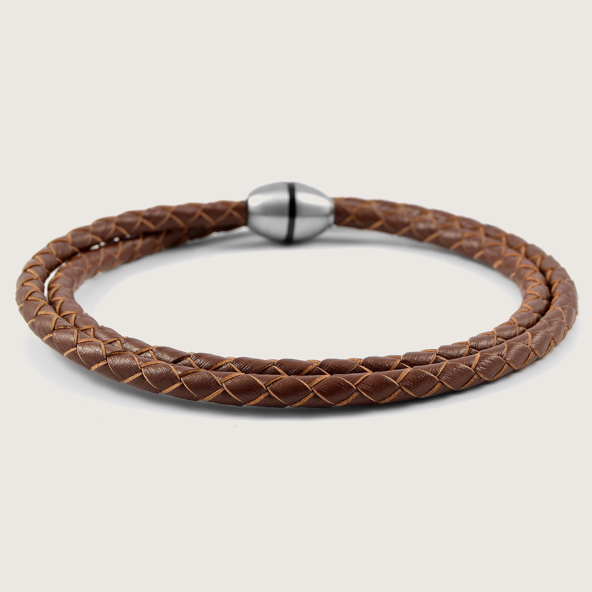 Brown Braided Leather & Stainless Steel Wrap Bracelet | In  display picture 1