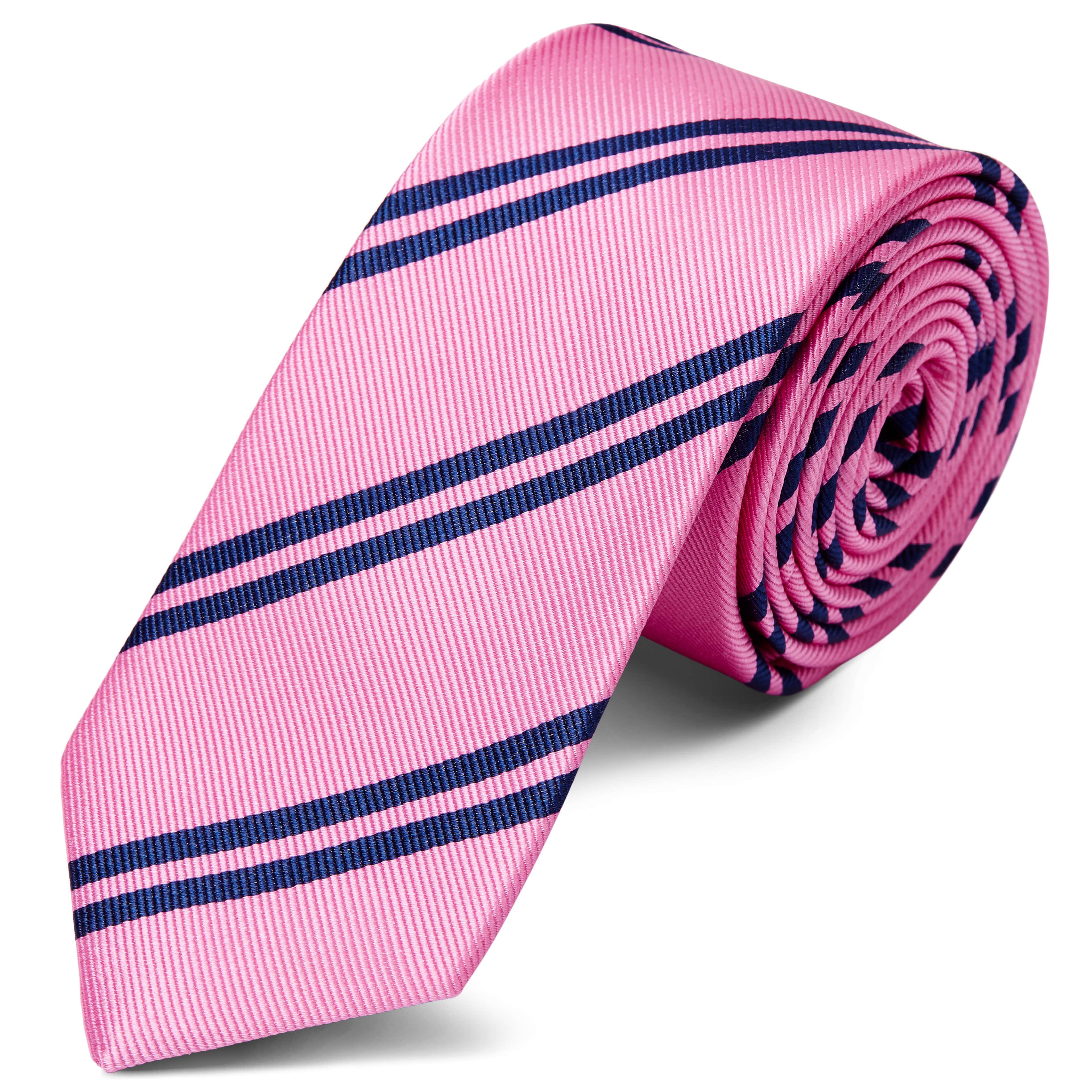 Cravată 6 cm din mătase roz cu dungi duble bleumarin
