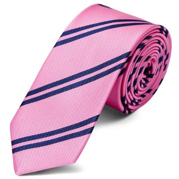 Różowy krawat jedwabny w podwójne ciemnogranatowe paski 6 cm