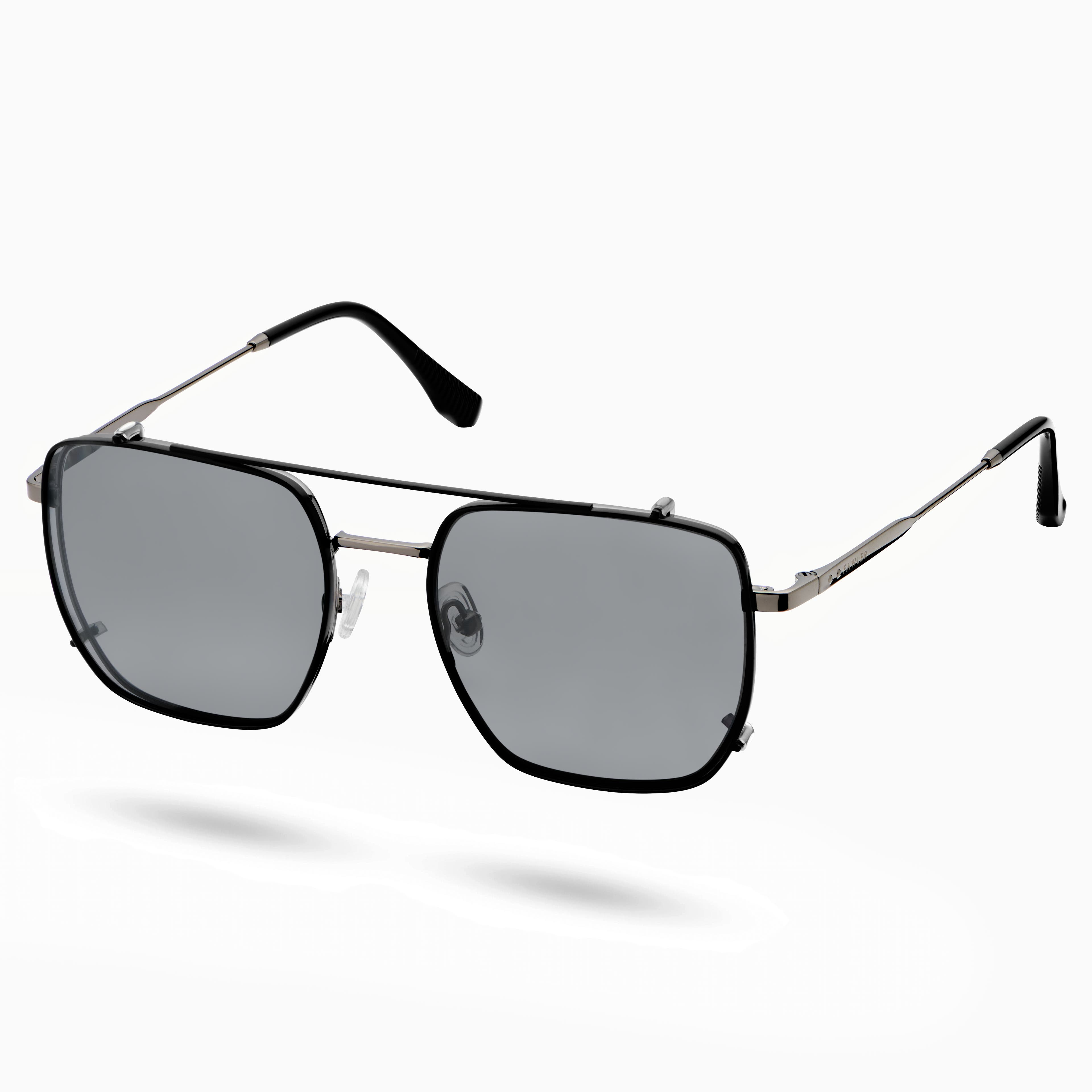 Schwarze, blaue Brille mit Blaulichtfilter und polarisierter Clip-On-Sonnenbrille