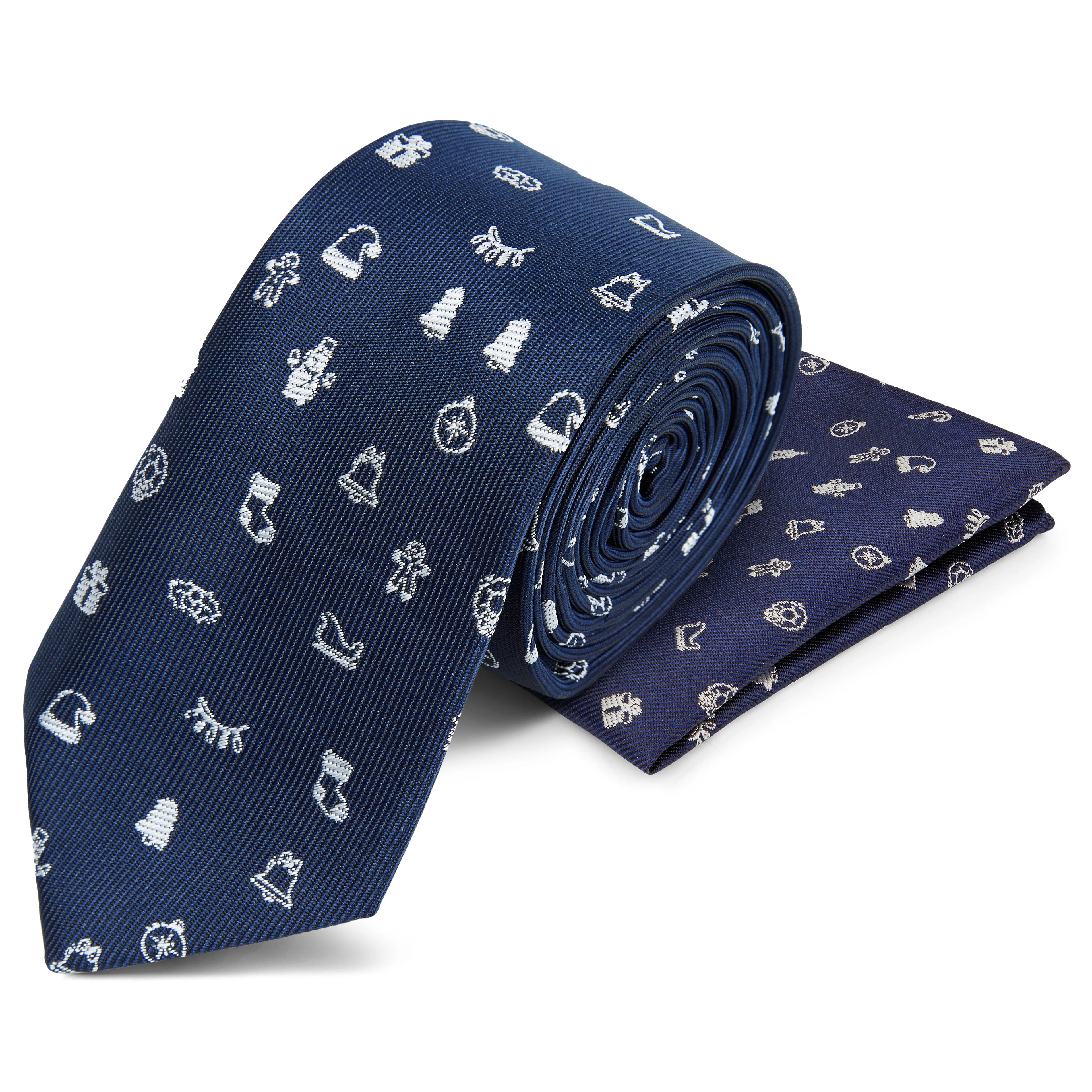 Cravatta e fazzoletto da taschino blu navy a tema natalizio