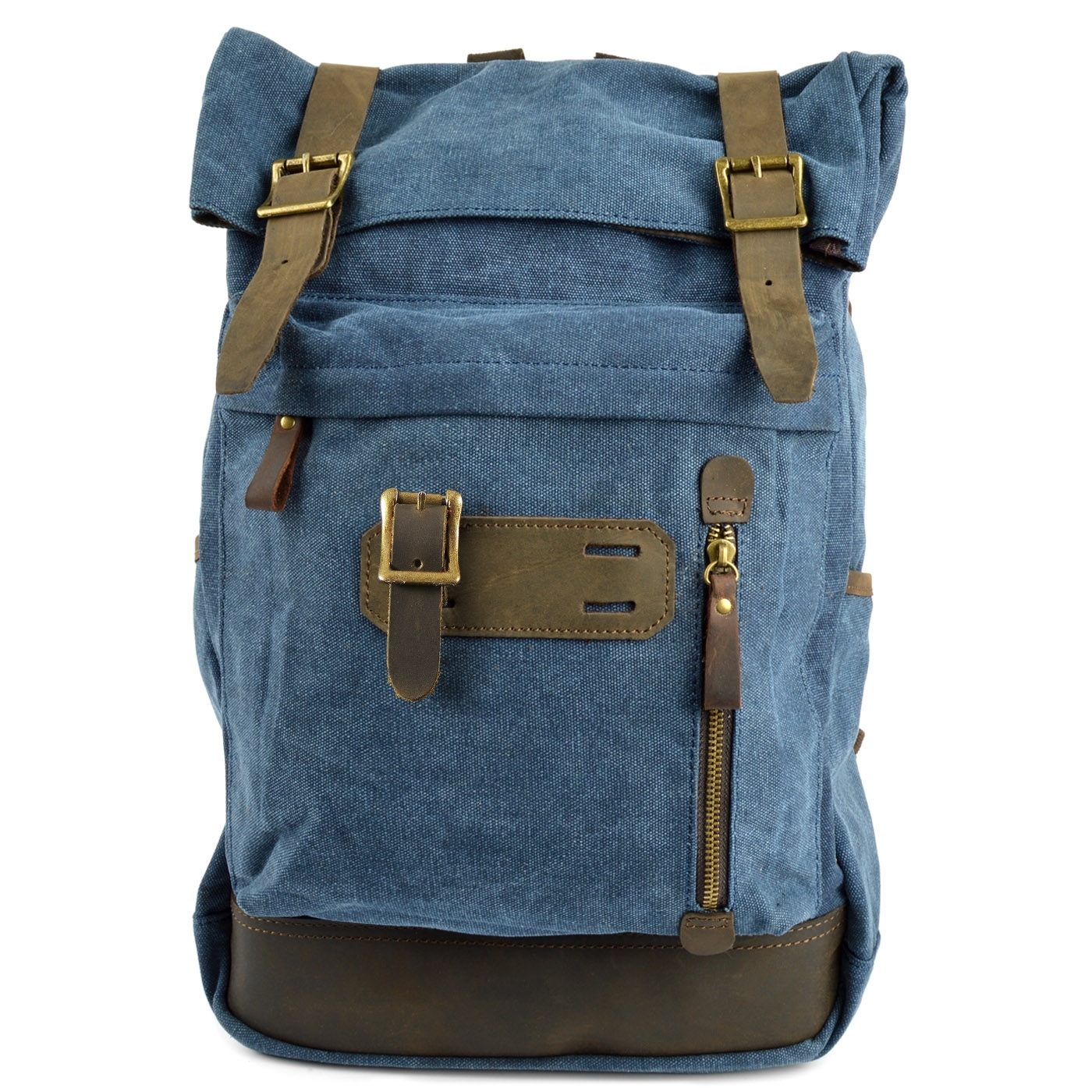 Rugged Vintage-Style Blue Canvas & Leather Backpack - 3