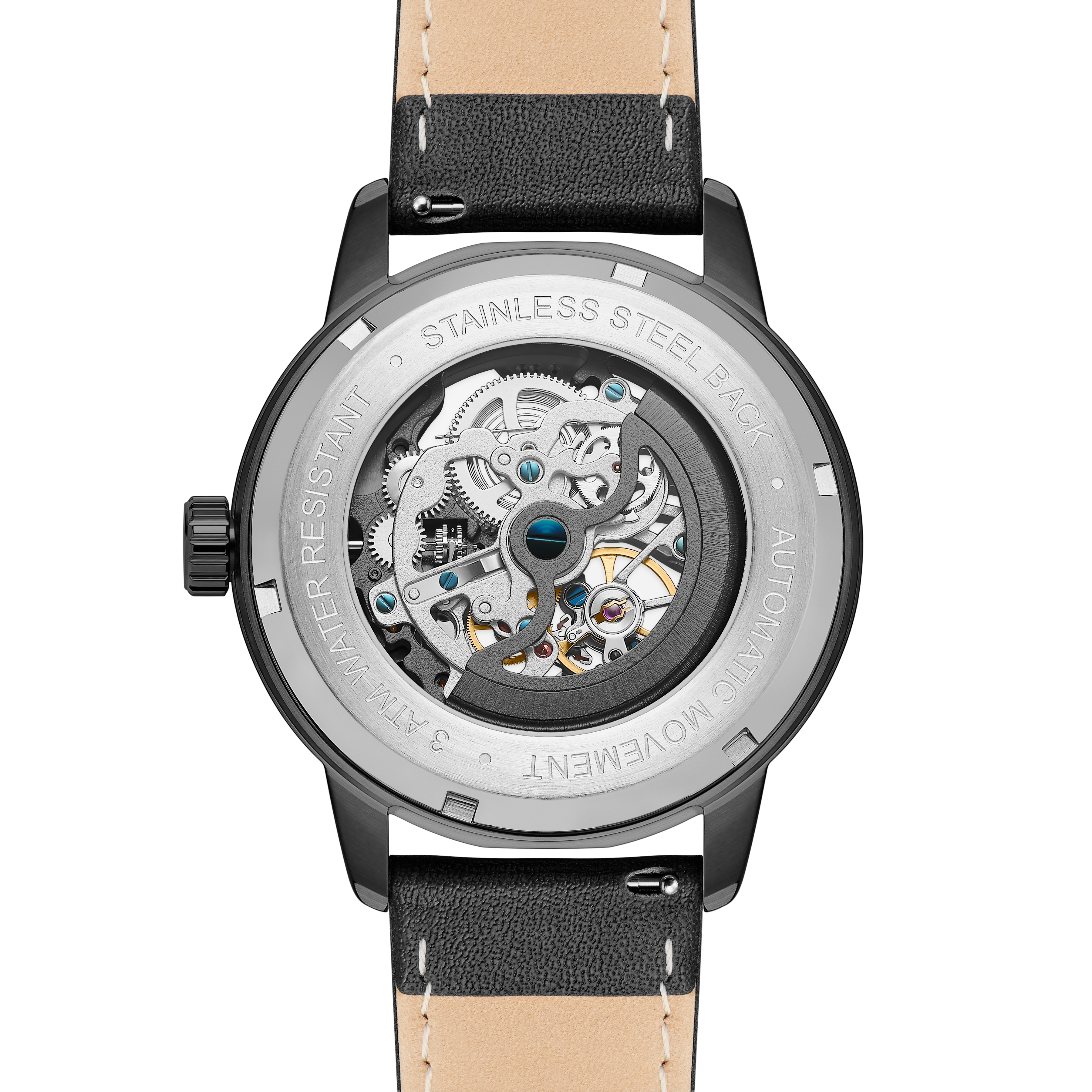Dante II |  Montre squelette en acier inoxydable noir avec bracelet en cuir - 6