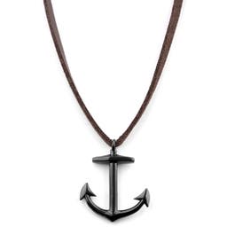 Brown Leather With Black Stainless Steel Anchor Necklace